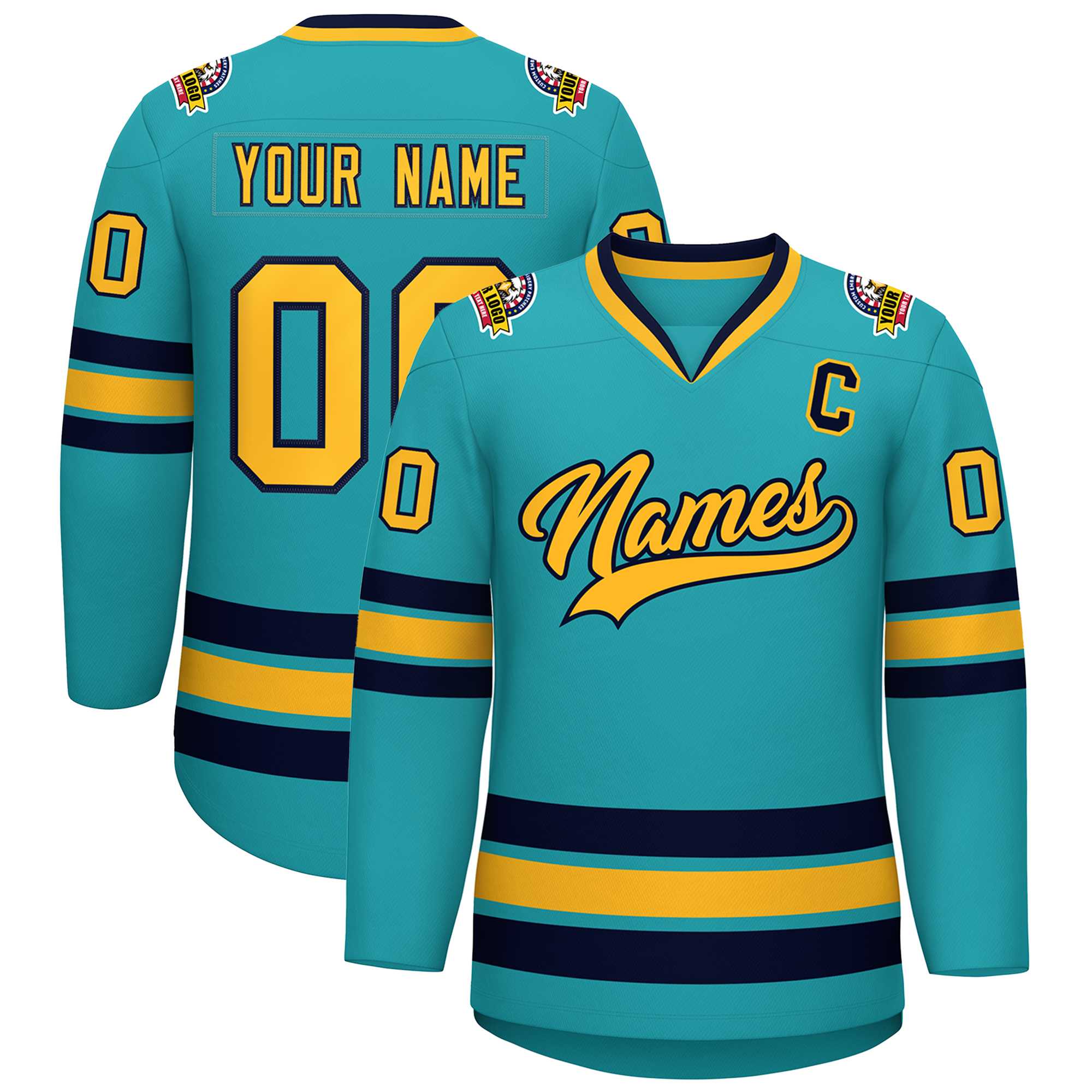 Custom Aqua Gold-Navy Classic Style Hockey Jersey | KXKSHOP