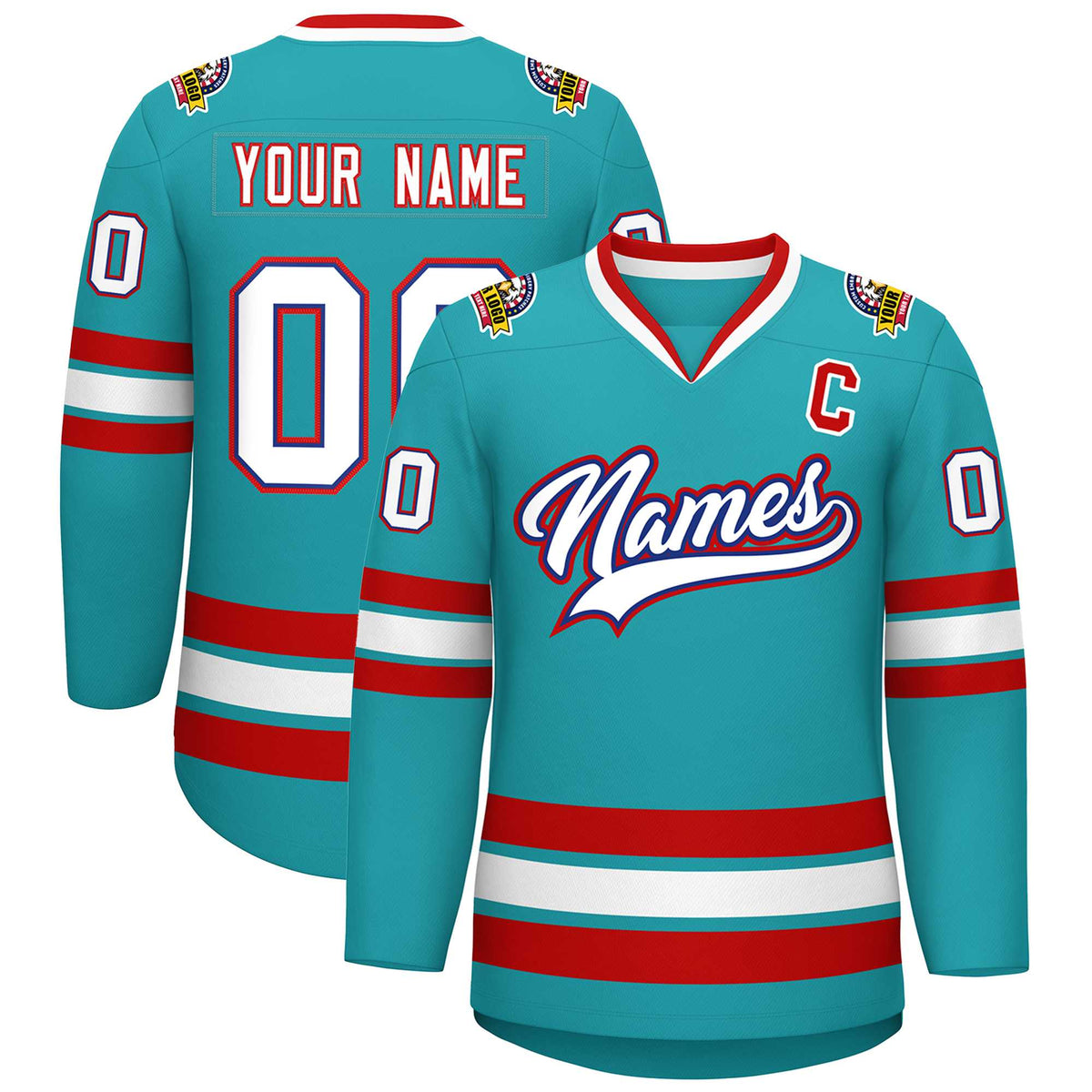 Custom Aqua White Royal-Red Classic Style Hockey Jersey | KXKSHOP