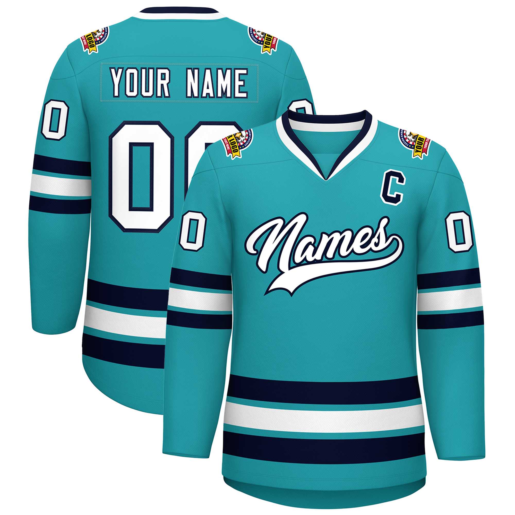 Custom Aqua White-Navy Classic Style Hockey Jersey | KXKSHOP