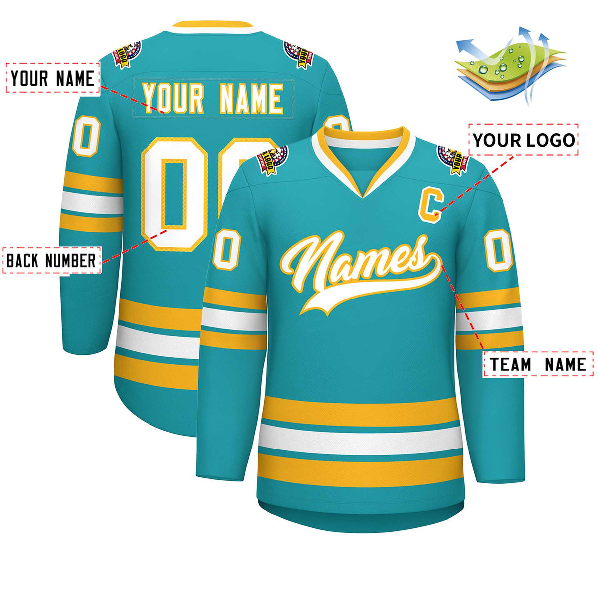 Custom Aqua White-Gold Classic Style Hockey Jersey | KXKSHOP