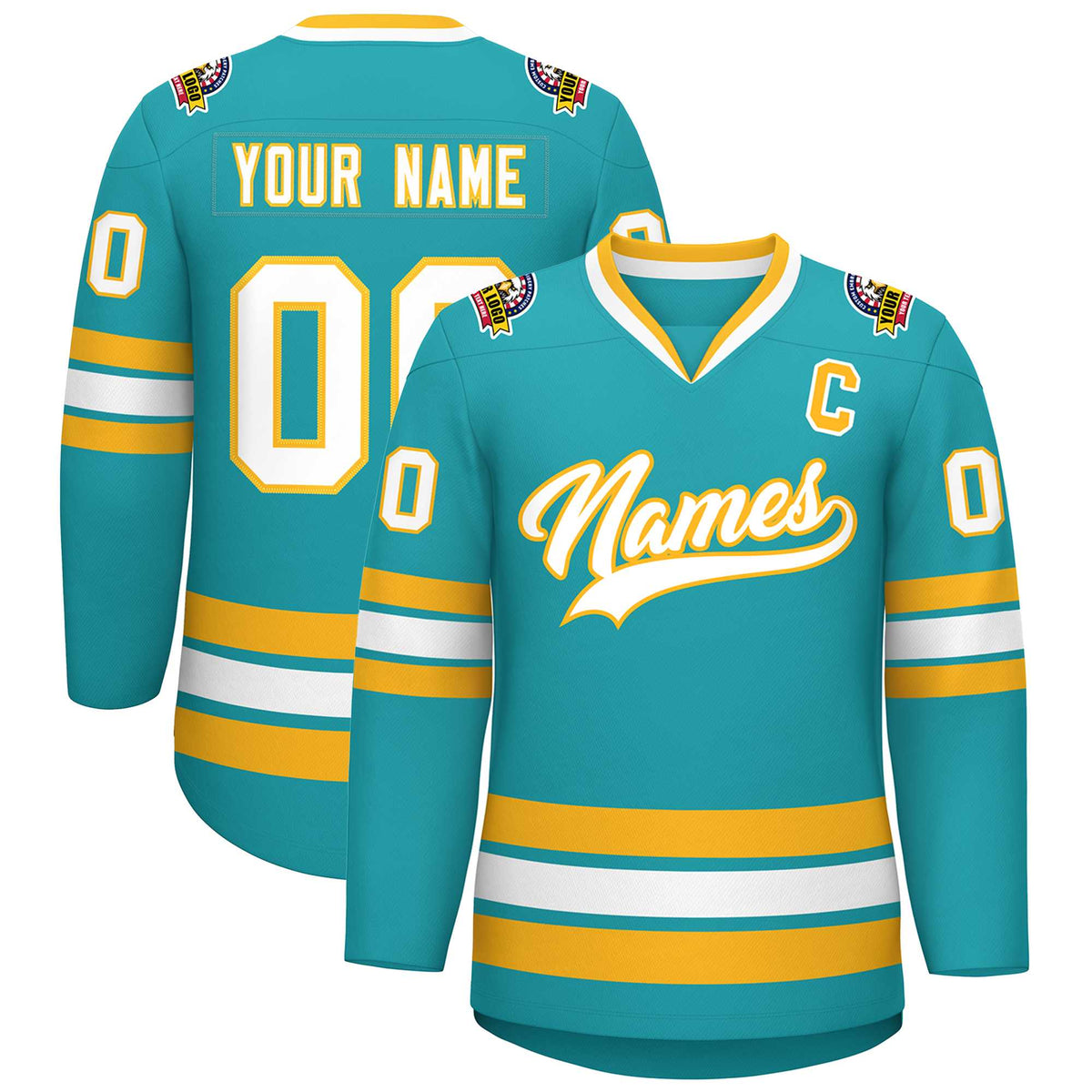 Custom Aqua White-Gold Classic Style Hockey Jersey | KXKSHOP