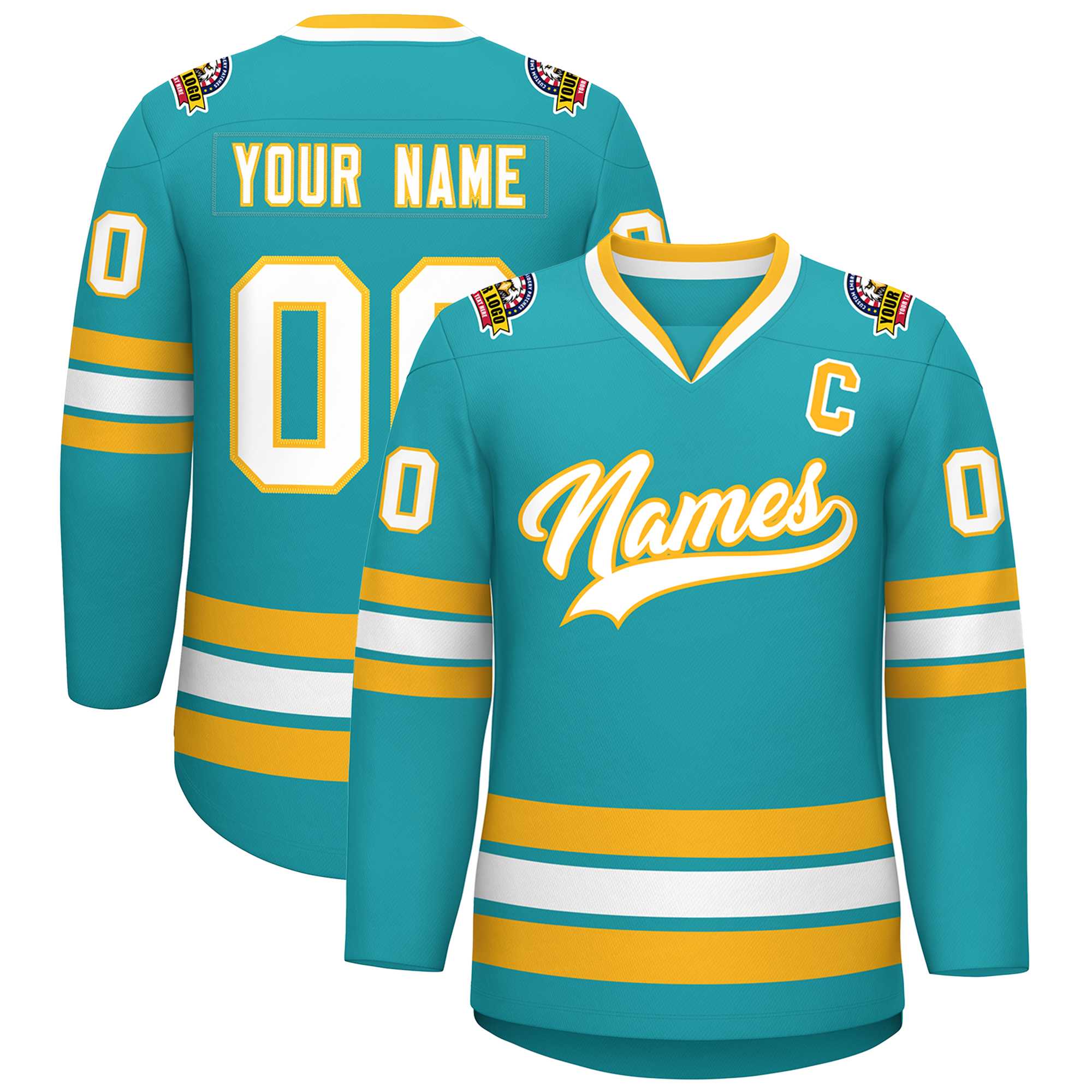 Custom Aqua White-Gold Classic Style Hockey Jersey | KXKSHOP