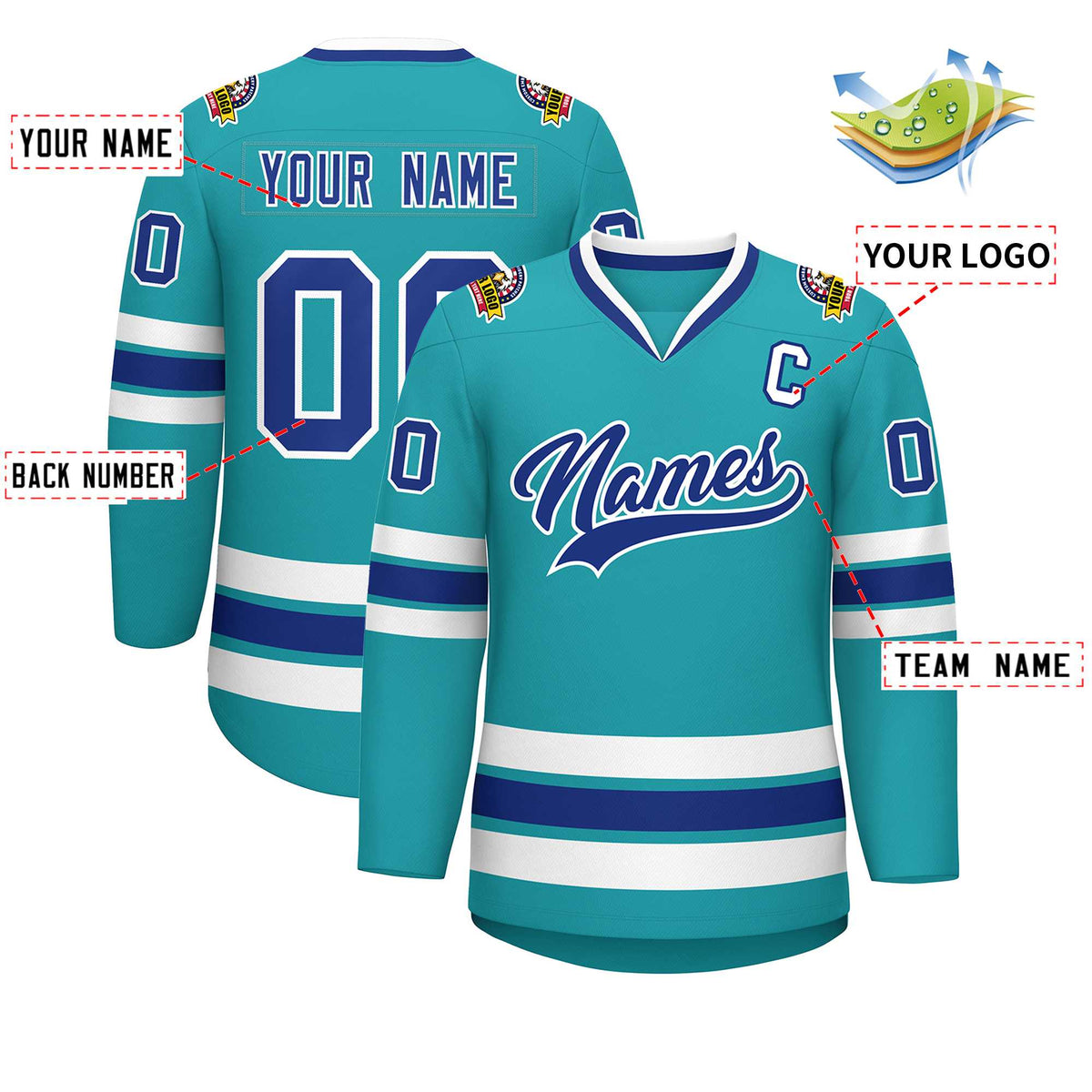 Custom Aqua Royal-White Classic Style Hockey Jersey | KXKSHOP
