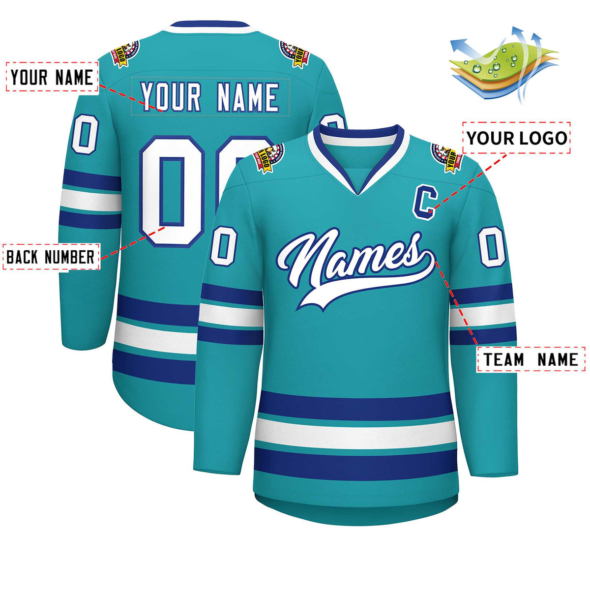 Custom Aqua White-Royal Classic Style Hockey Jersey | KXKSHOP