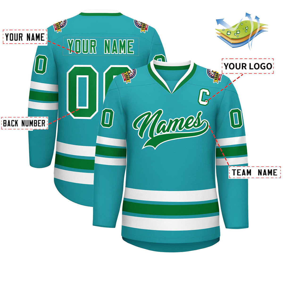Custom Aqua Kelly Green-White Classic Style Hockey Jersey | KXKSHOP