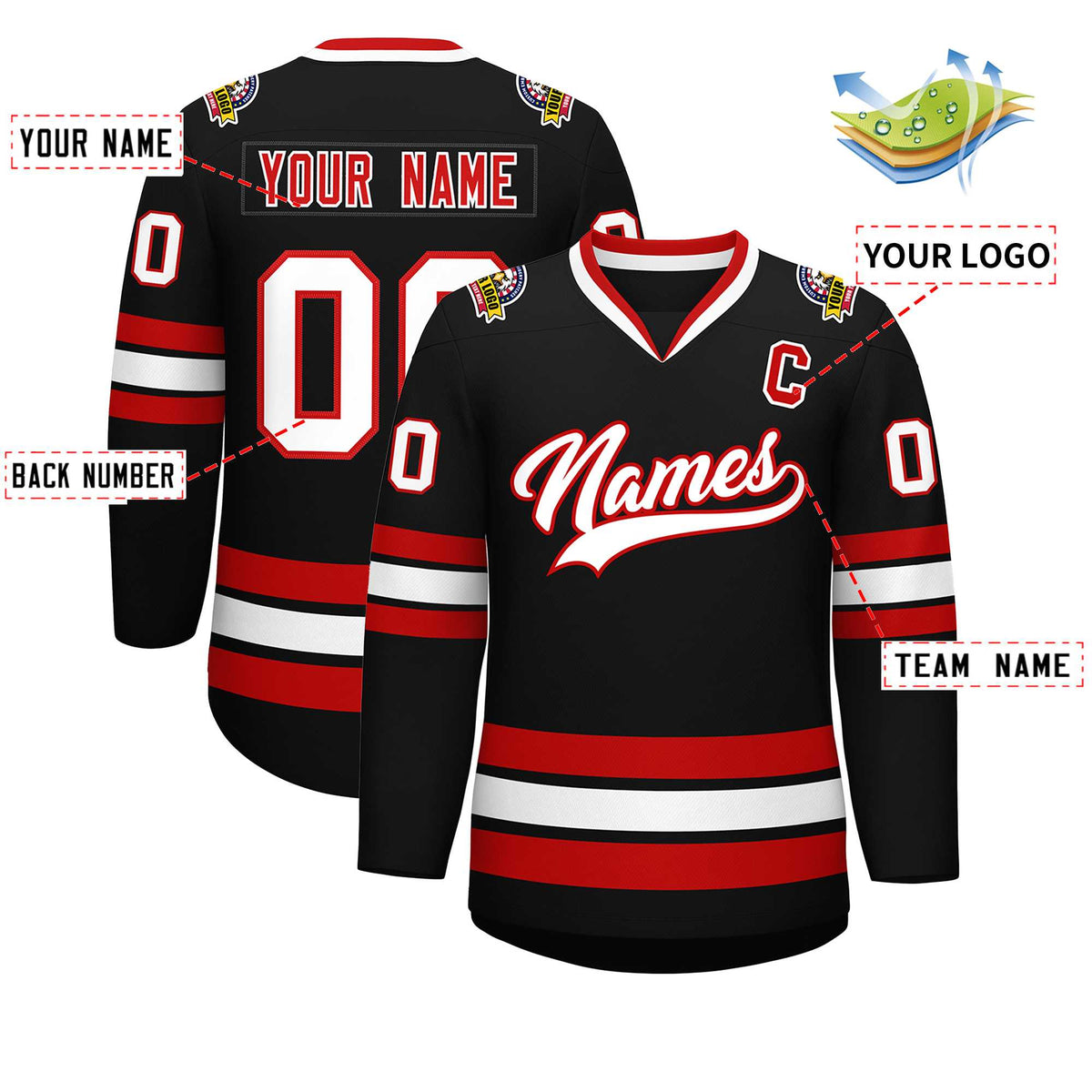 Custom Black White-Red Classic Style Hockey Jersey | KXKSHOP