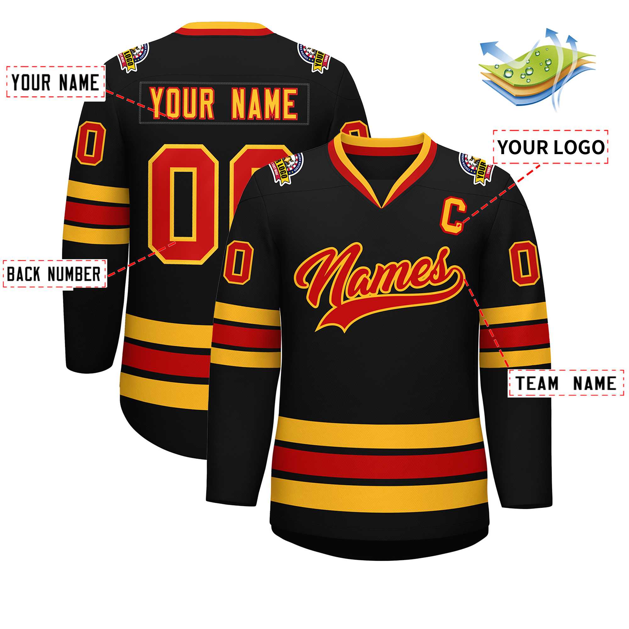 Custom Black Red-Gold Classic Style Hockey Jersey | KXKSHOP