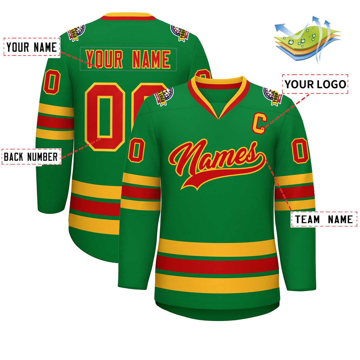 Custom Kelly Green Red-Gold Classic Style Hockey Jersey | KXKSHOP