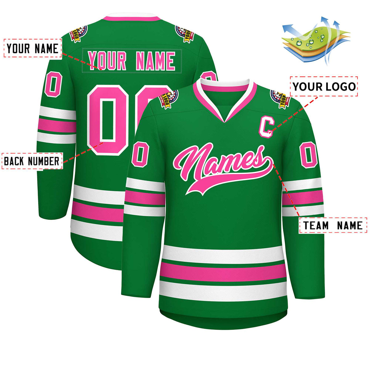Custom Kelly Green Pink-White Classic Style Hockey Jersey | KXKSHOP