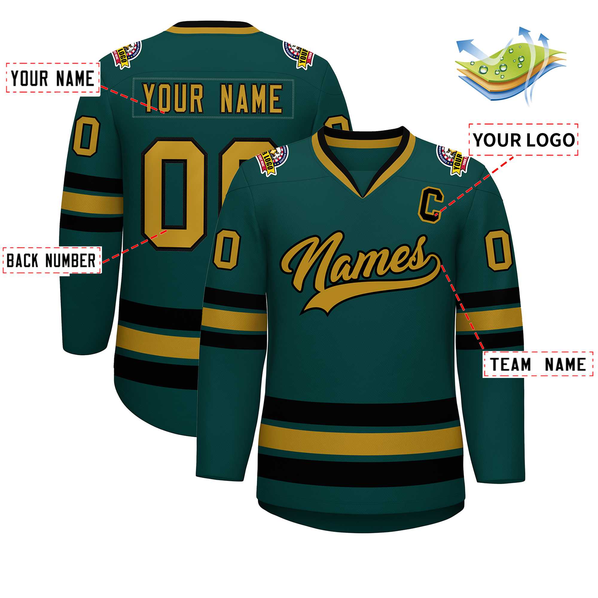 Custom Midnight Green Old Gold-Black Classic Style Hockey Jersey | KXKSHOP