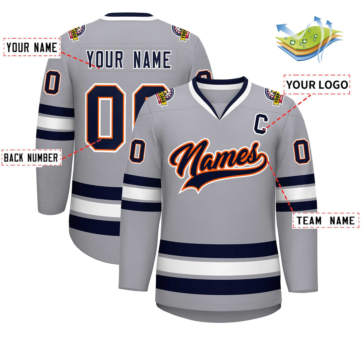 Custom Gray Navy Orange-White Classic Style Hockey Jersey | KXKSHOP