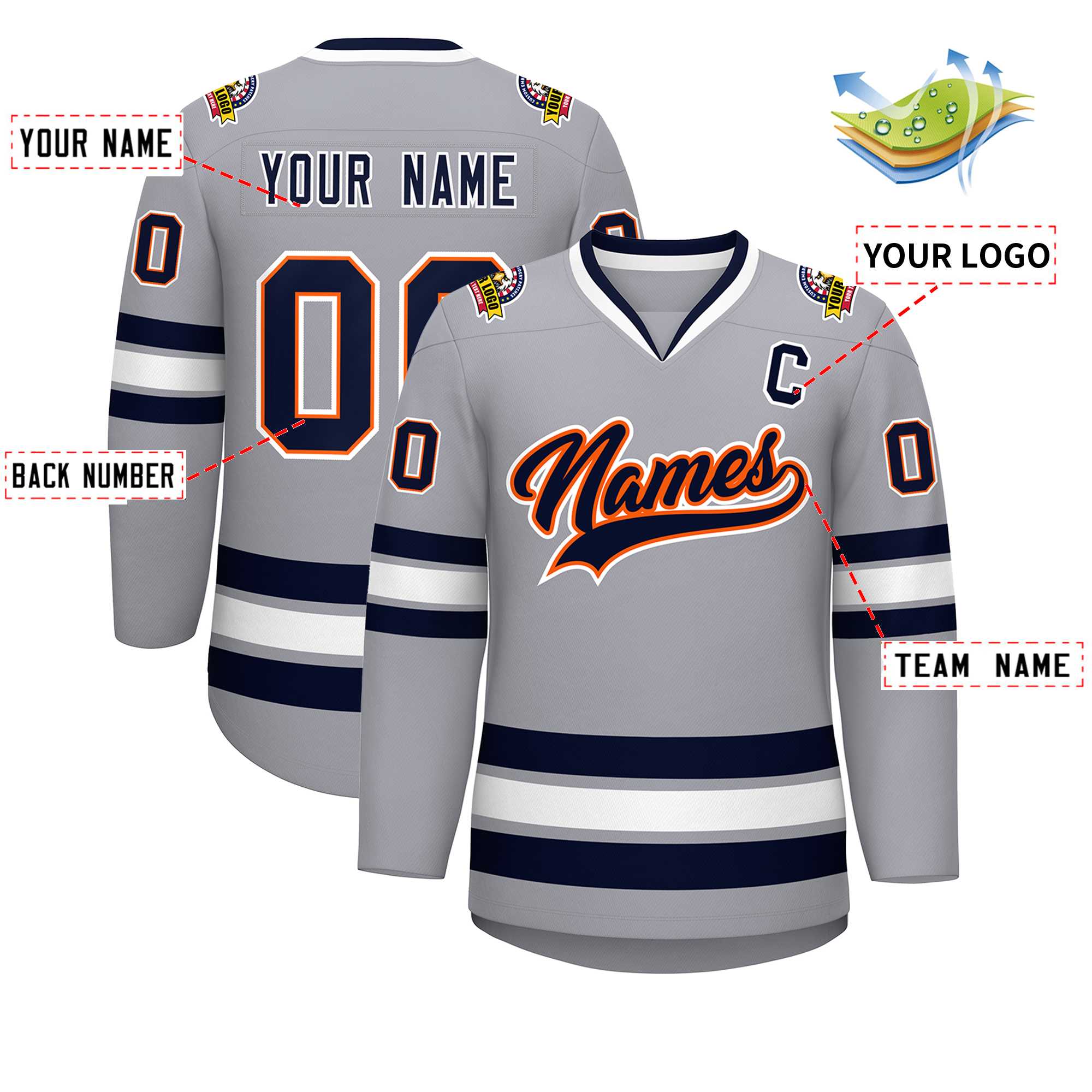 Custom Gray Navy Orange-White Classic Style Hockey Jersey | KXKSHOP