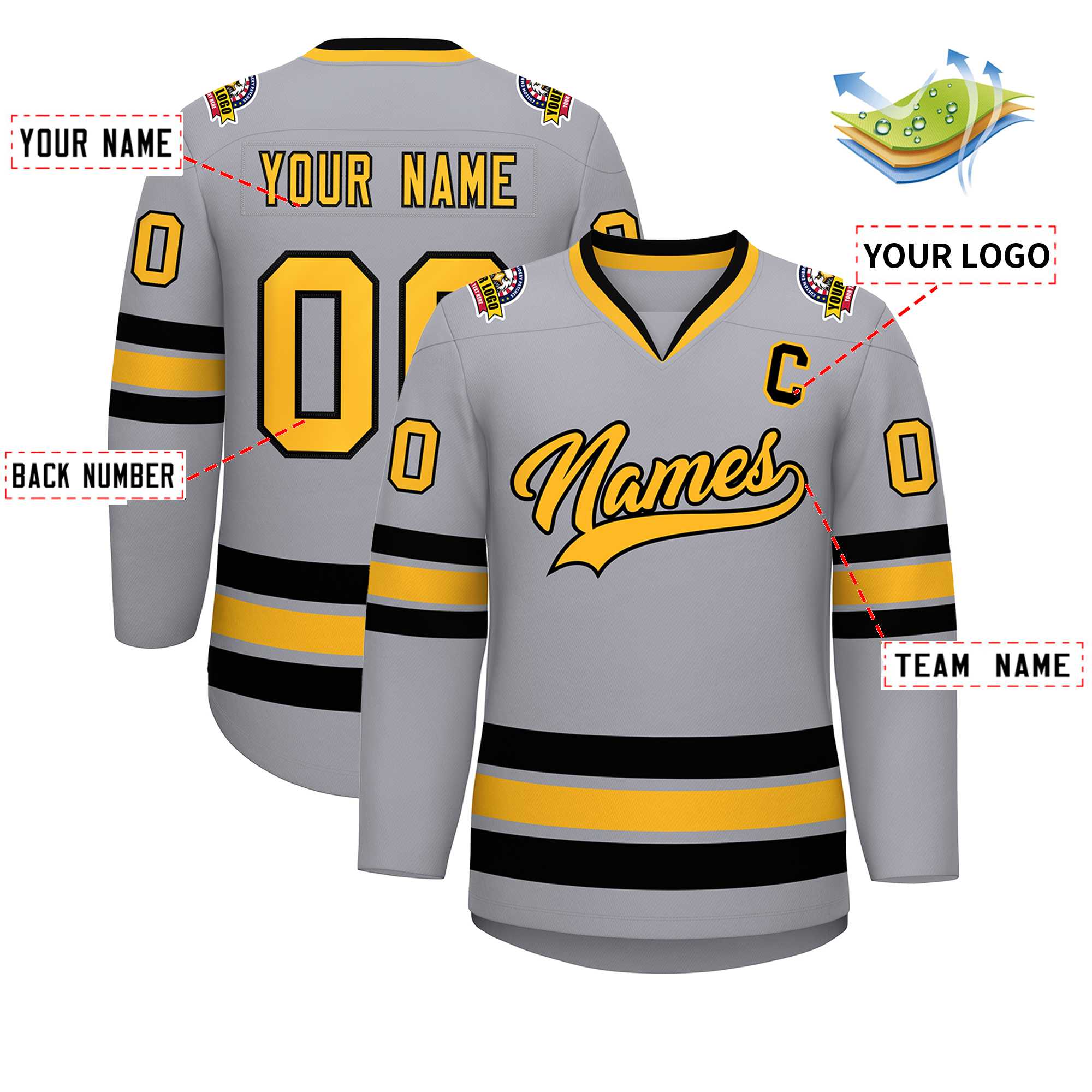 Custom Gray Gold-Black Classic Style Hockey Jersey | KXKSHOP