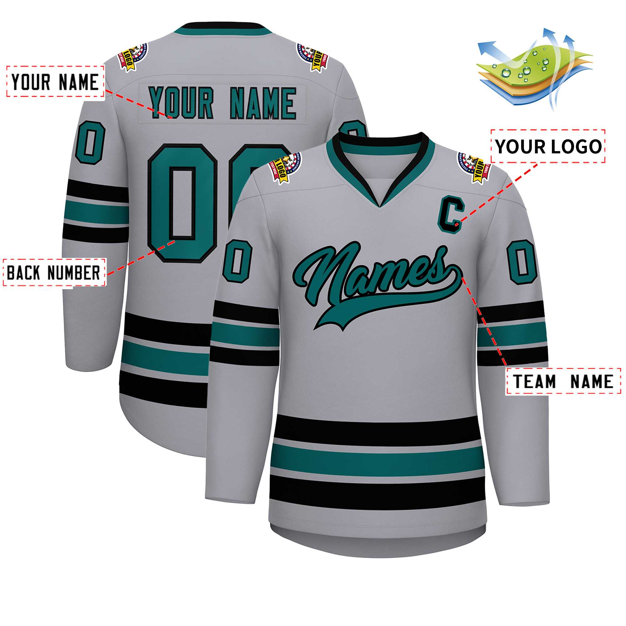 Custom Gray Aqua-Black Classic Style Hockey Jersey | KXKSHOP