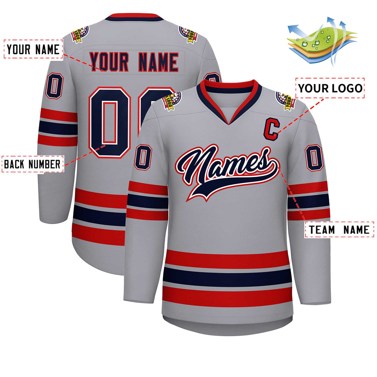 Custom Gray Navy White-Red Classic Style Hockey Jersey | KXKSHOP