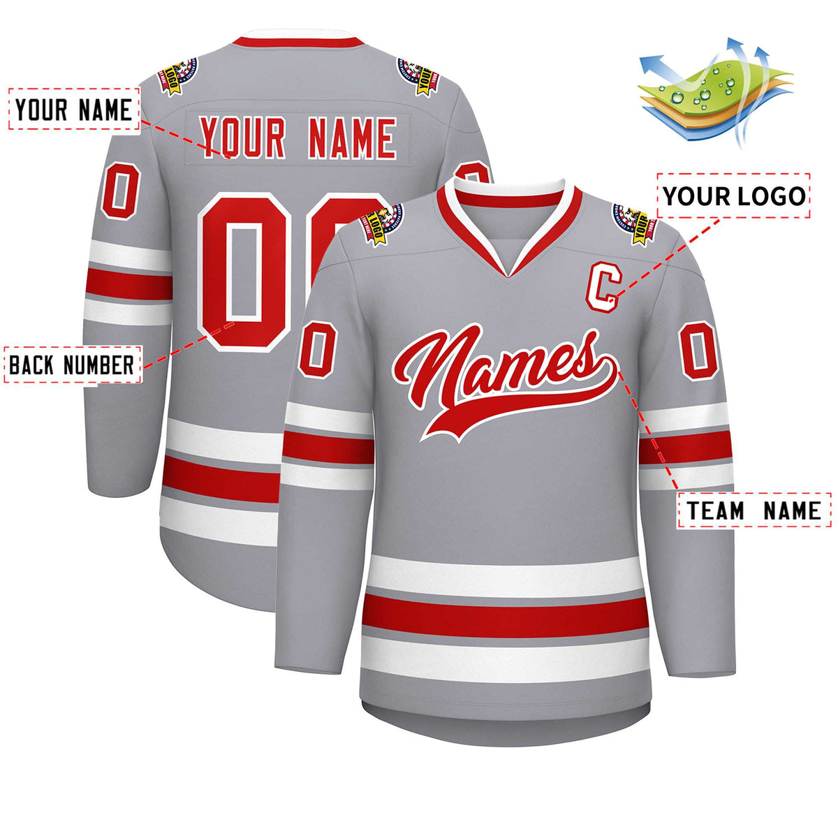 Custom Gray Red-White Classic Style Hockey Jersey | KXKSHOP