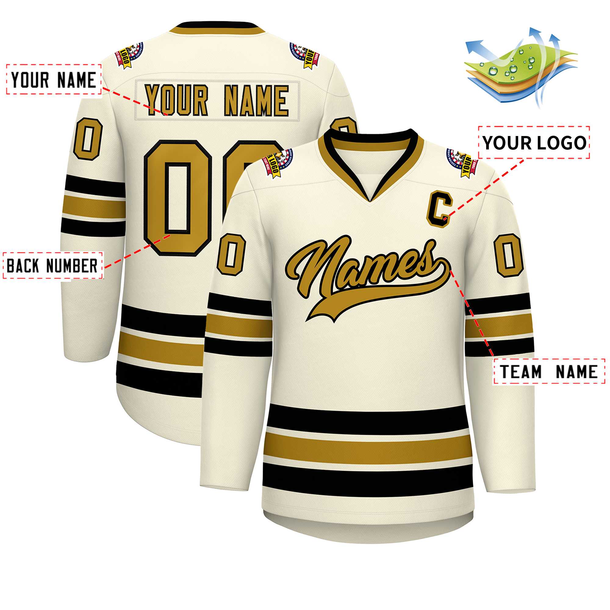 Custom Khaki Old Gold-Black Classic Style Hockey Jersey | KXKSHOP