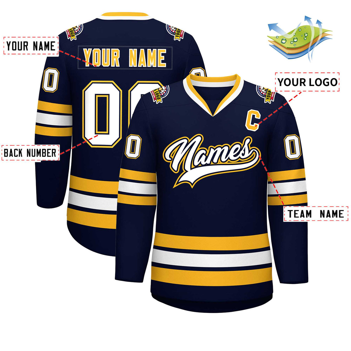 Custom Navy White Navy-Gold Classic Style Hockey Jersey | KXKSHOP
