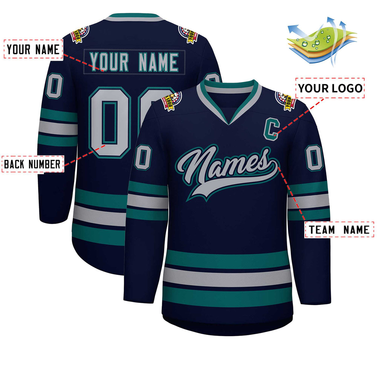 Custom Navy Gray Navy-Aqua Classic Style Hockey Jersey | KXKSHOP