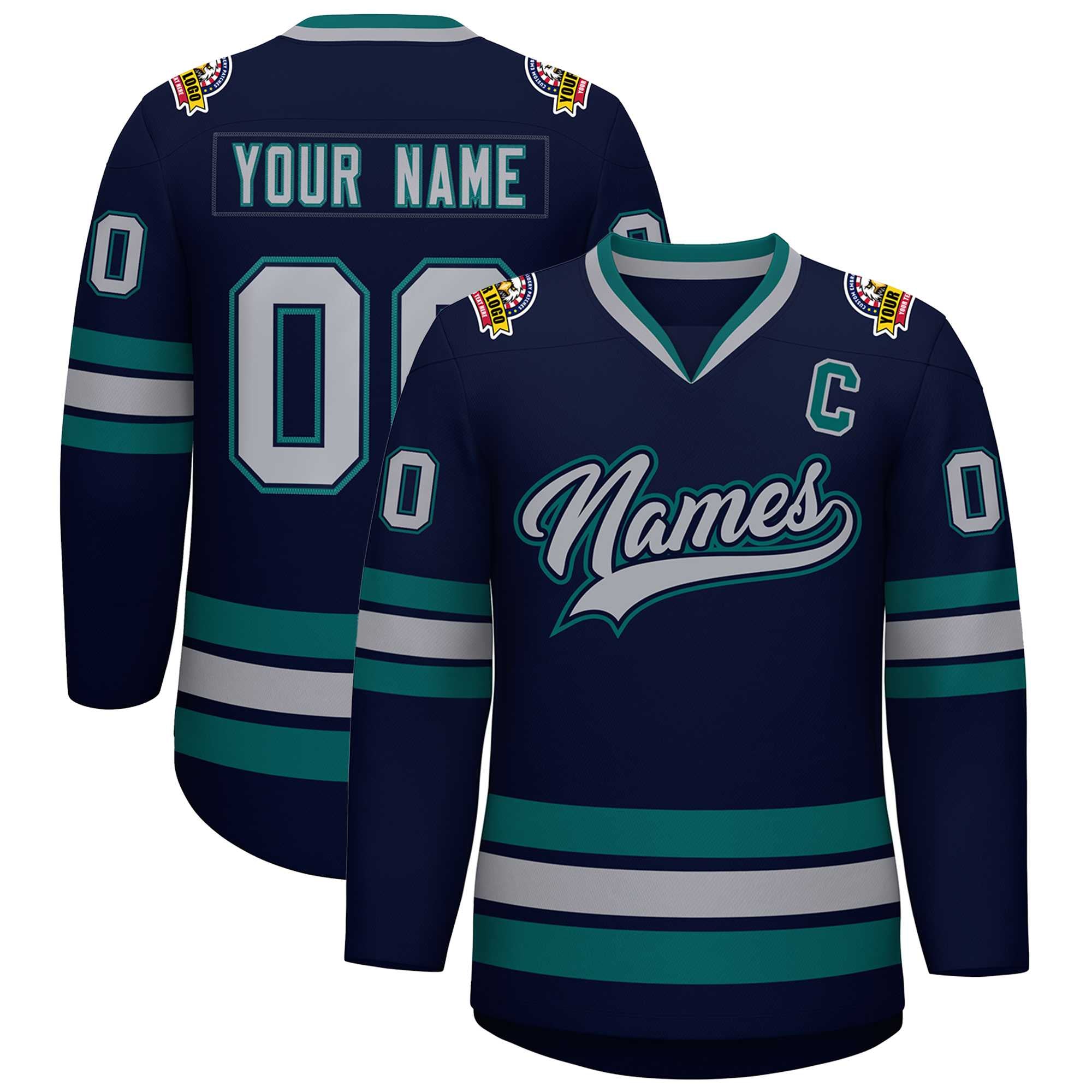 Custom Navy Gray Navy-Aqua Classic Style Hockey Jersey | KXKSHOP