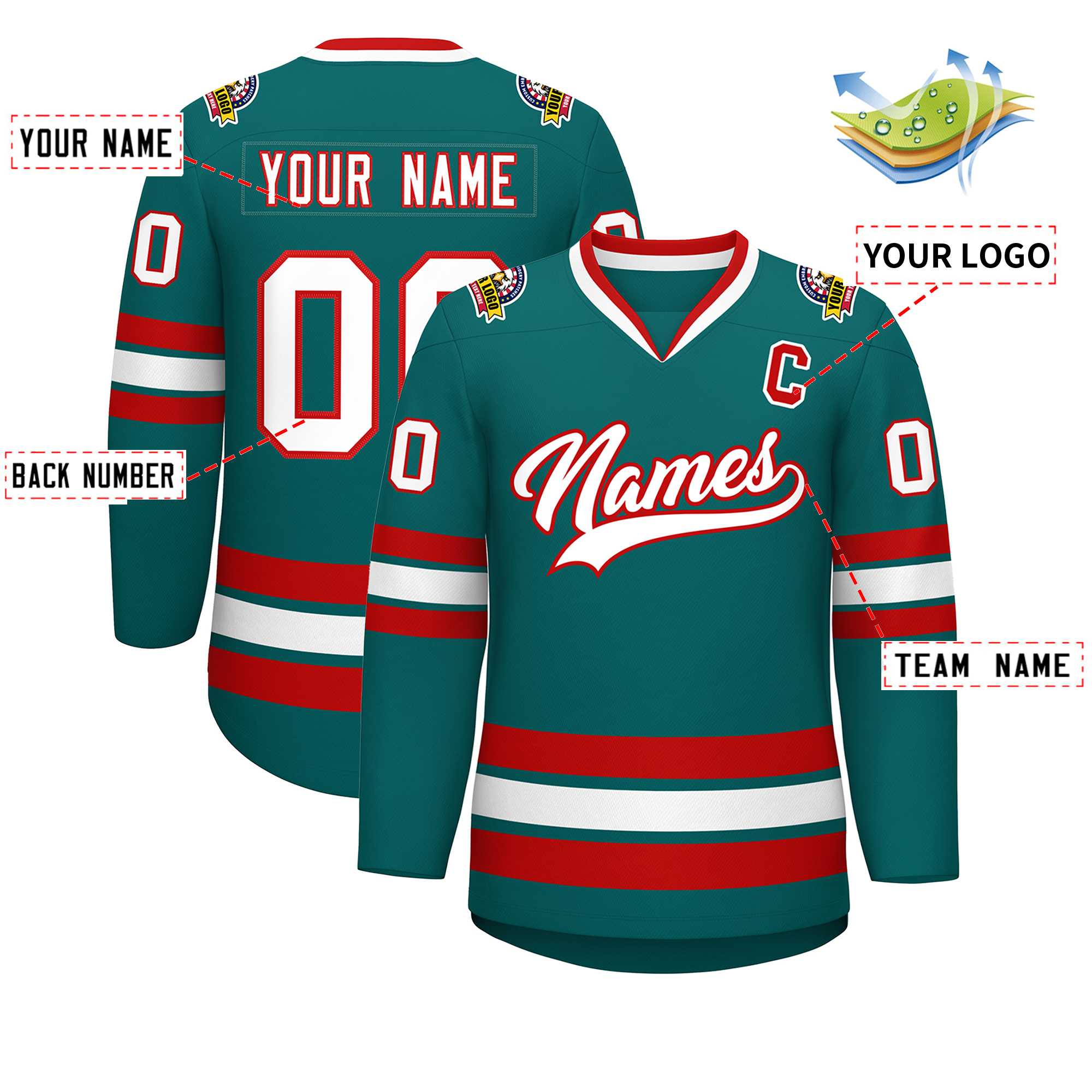 Custom Teal White-Red Classic Style Hockey Jersey | KXKSHOP
