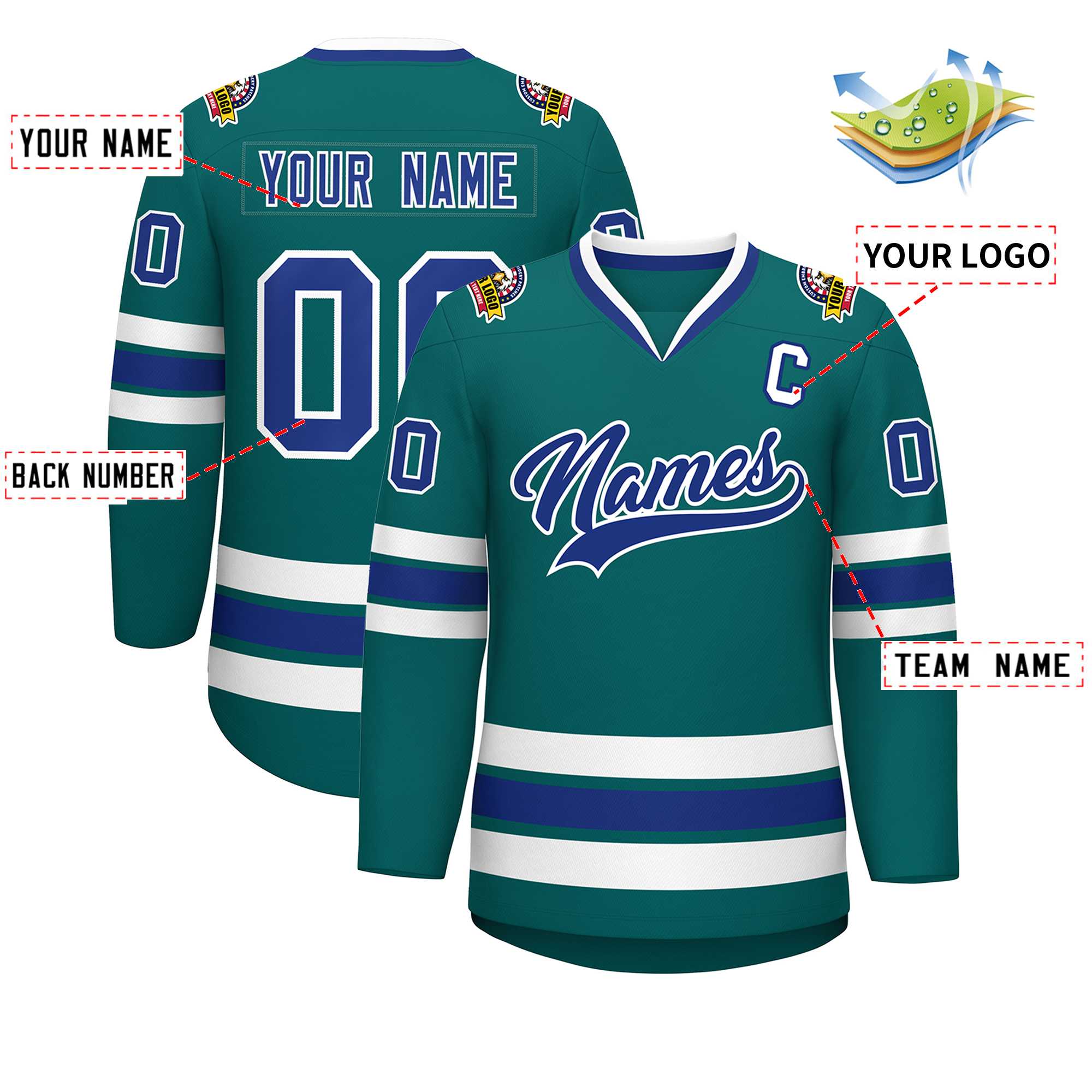 Custom Teal Royal-White Classic Style Hockey Jersey | KXKSHOP