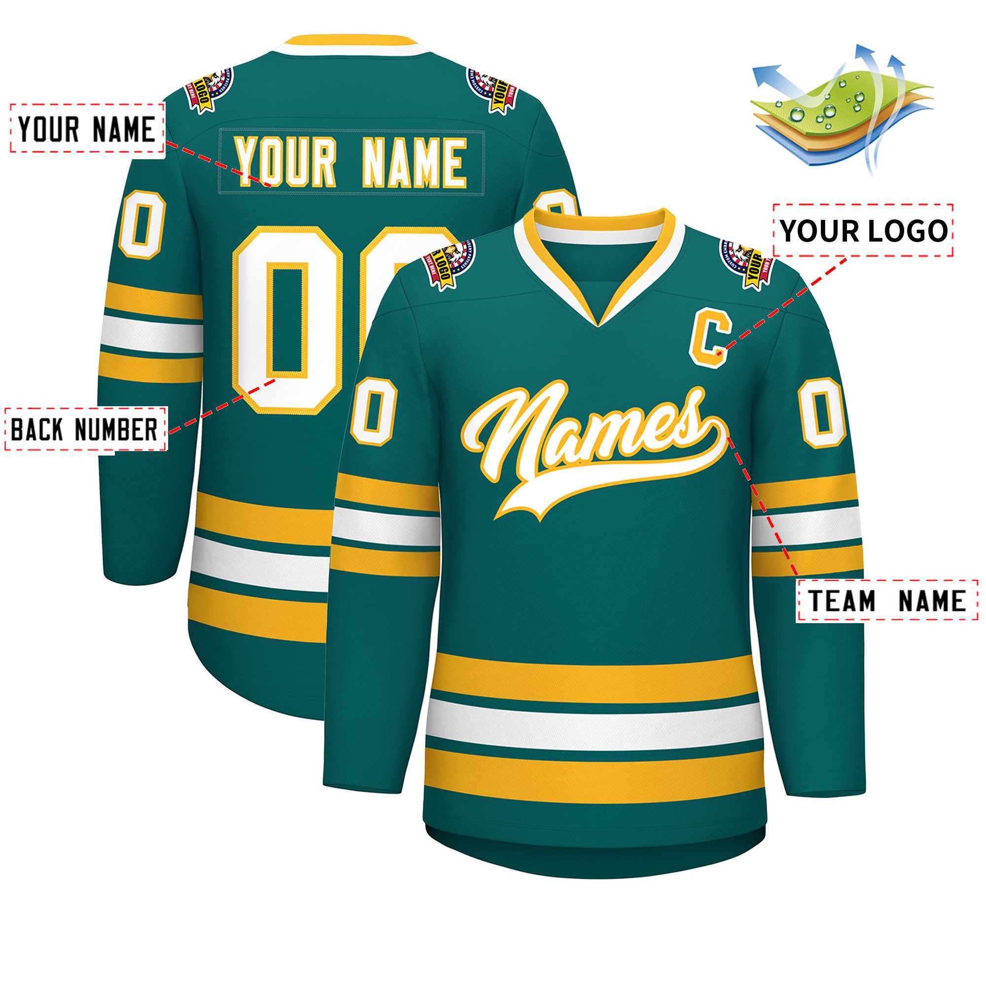 Custom Teal White-Gold Classic Style Hockey Jersey | KXKSHOP