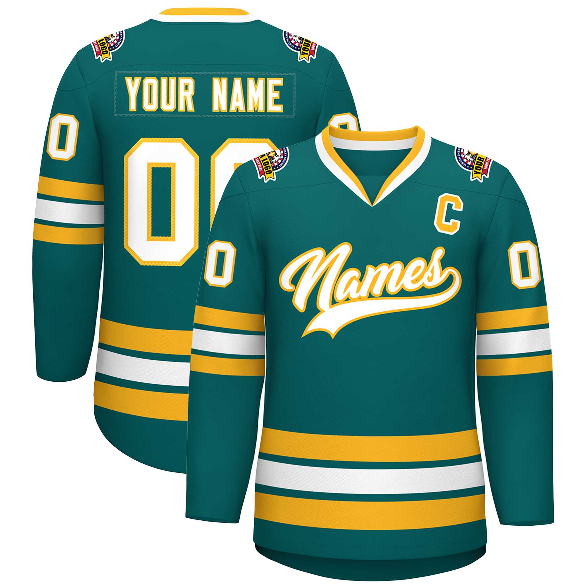 Custom Teal White-Gold Classic Style Hockey Jersey | KXKSHOP