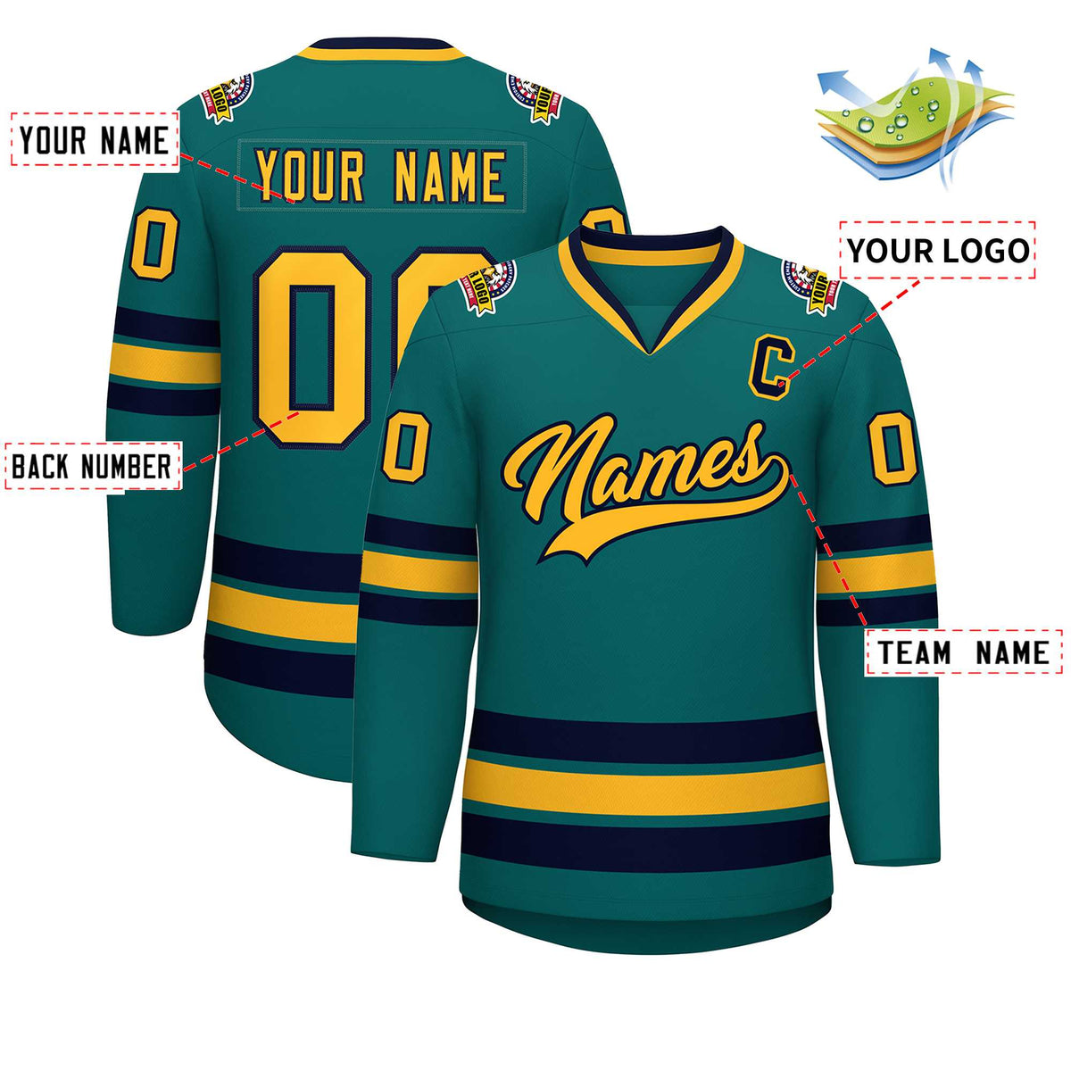 Custom Teal Gold-Navy Classic Style Hockey Jersey | KXKSHOP