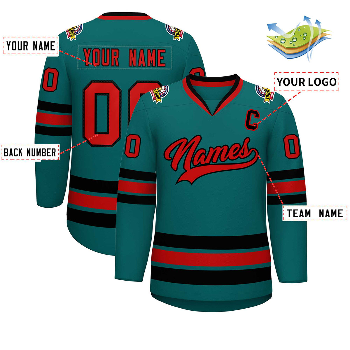 Custom Teal Red-Black Classic Style Hockey Jersey | KXKSHOP