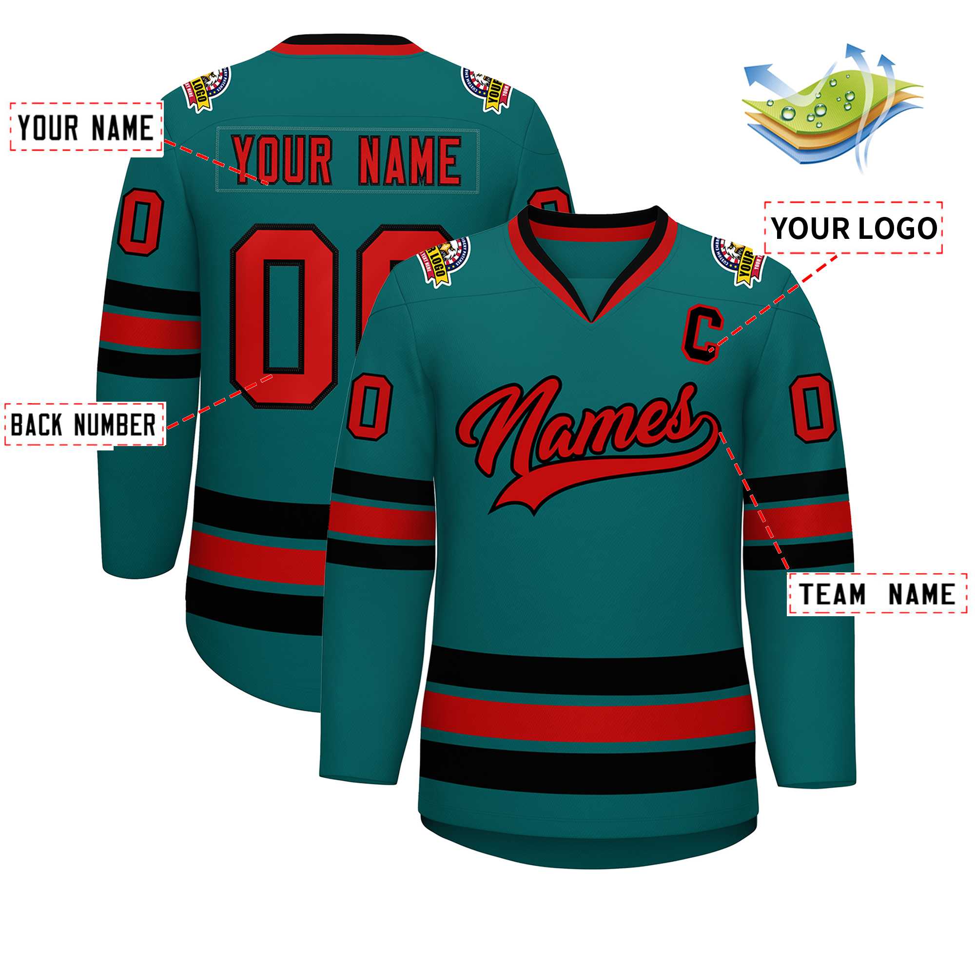 Custom Teal Red-Black Classic Style Hockey Jersey | KXKSHOP
