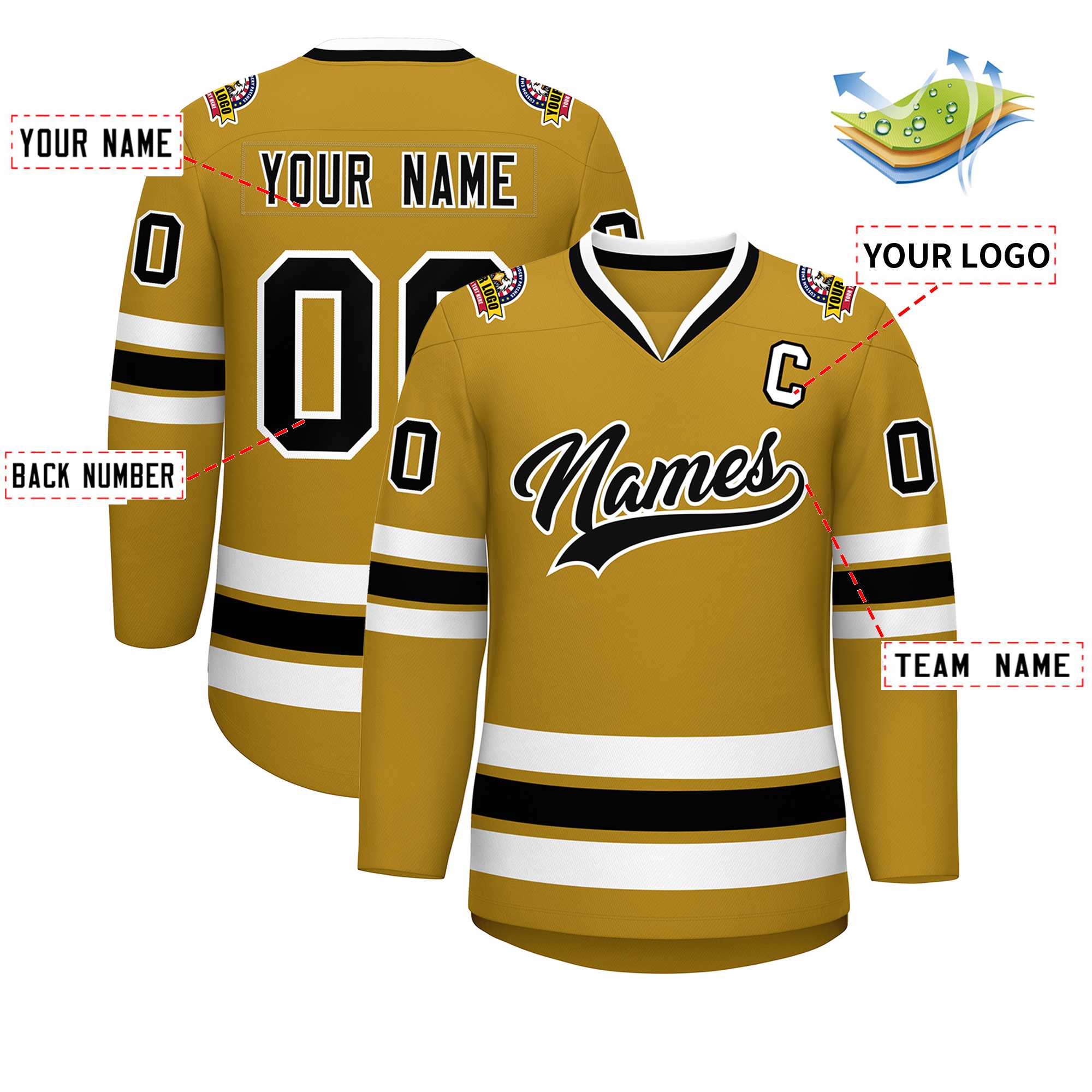 Custom Old Gold Black-White Classic Style Hockey Jersey | KXKSHOP