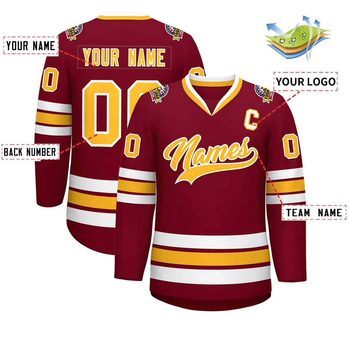 Custom Crimson Gold-White Classic Style Hockey Jersey | KXKSHOP