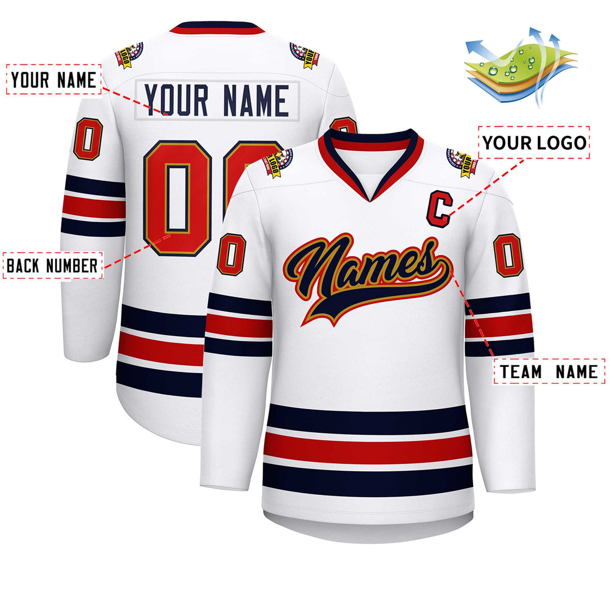 Custom White Navy Old Gold-Red Classic Style Hockey Jersey | KXKSHOP