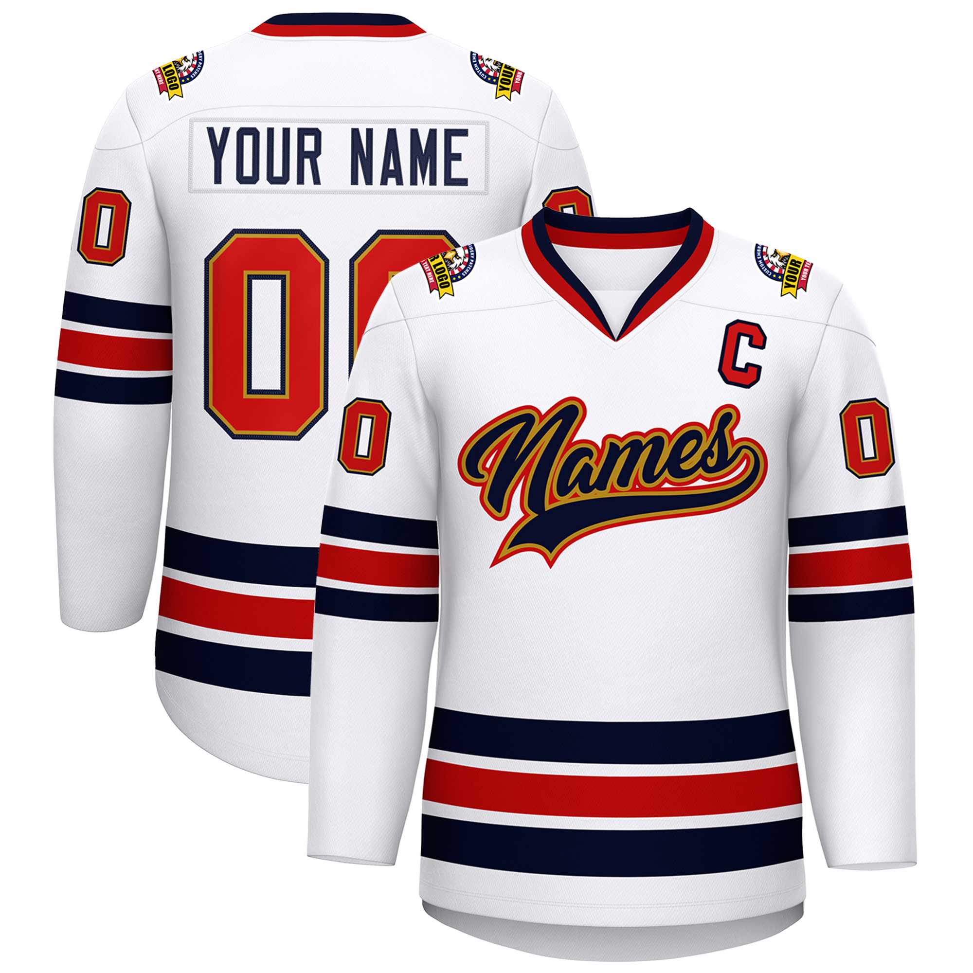 Custom White Navy Old Gold-Red Classic Style Hockey Jersey | KXKSHOP