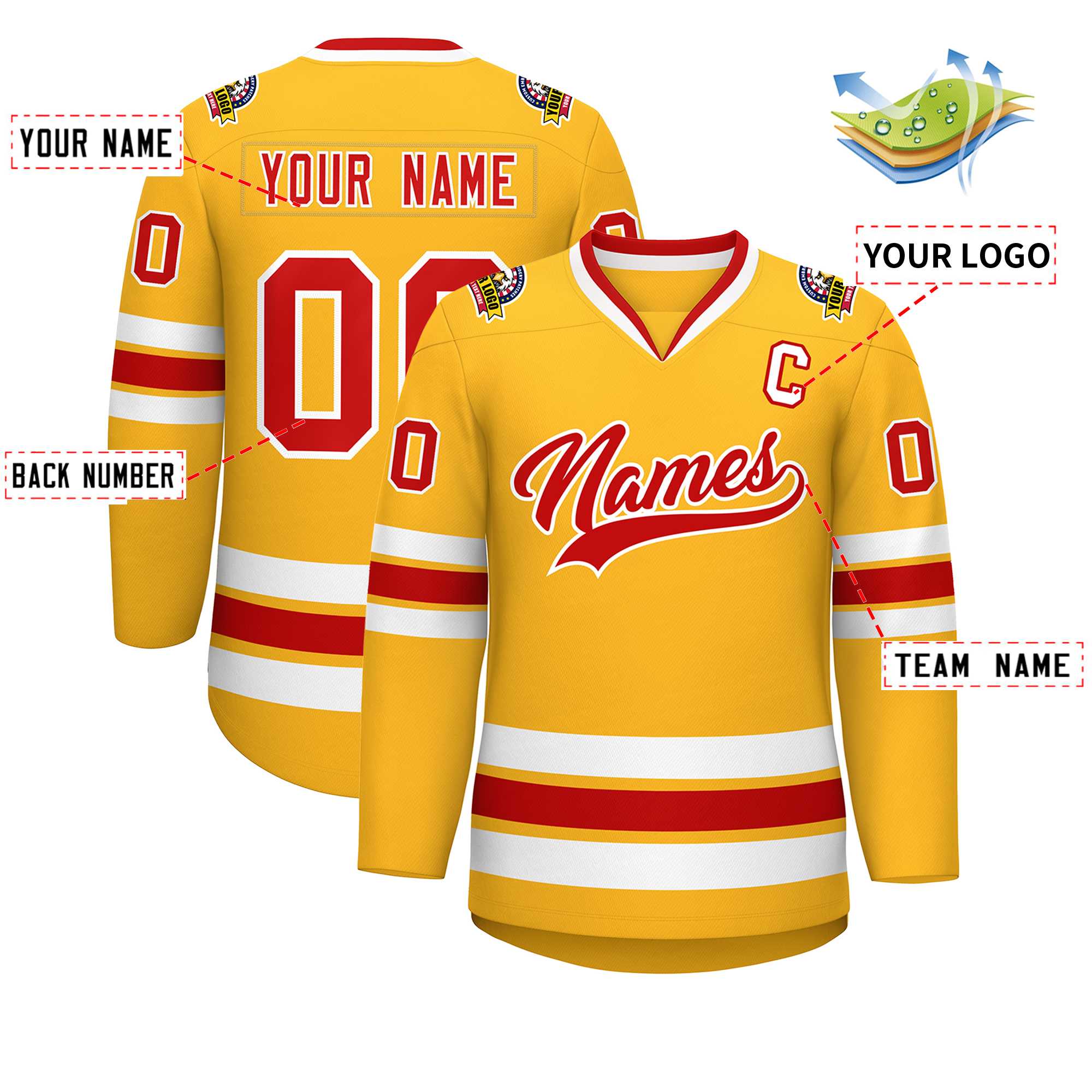 Custom Gold Red-White Classic Style Hockey Jersey | KXKSHOP