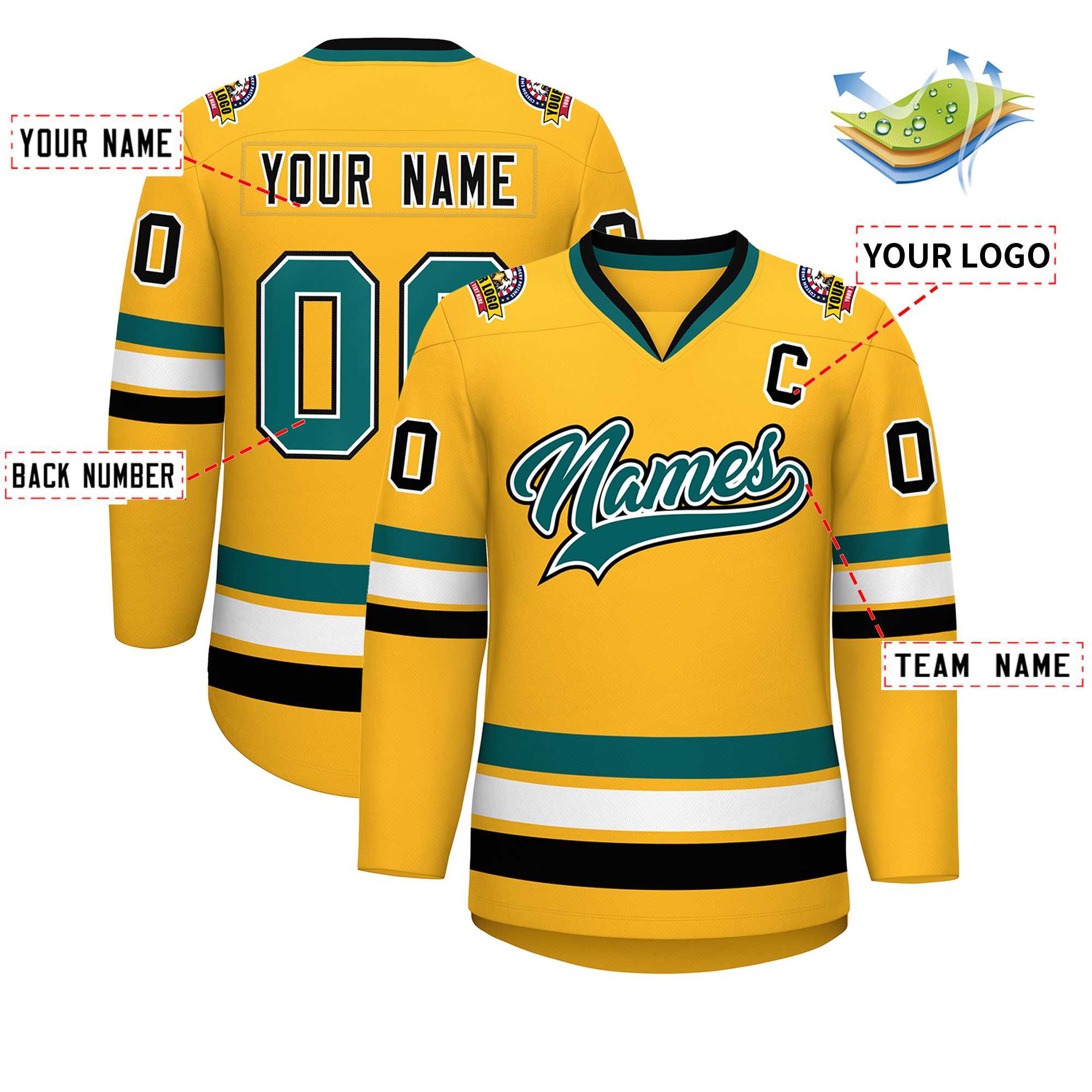 Custom Gold Aqua White-Black Classic Style Hockey Jersey | KXKSHOP