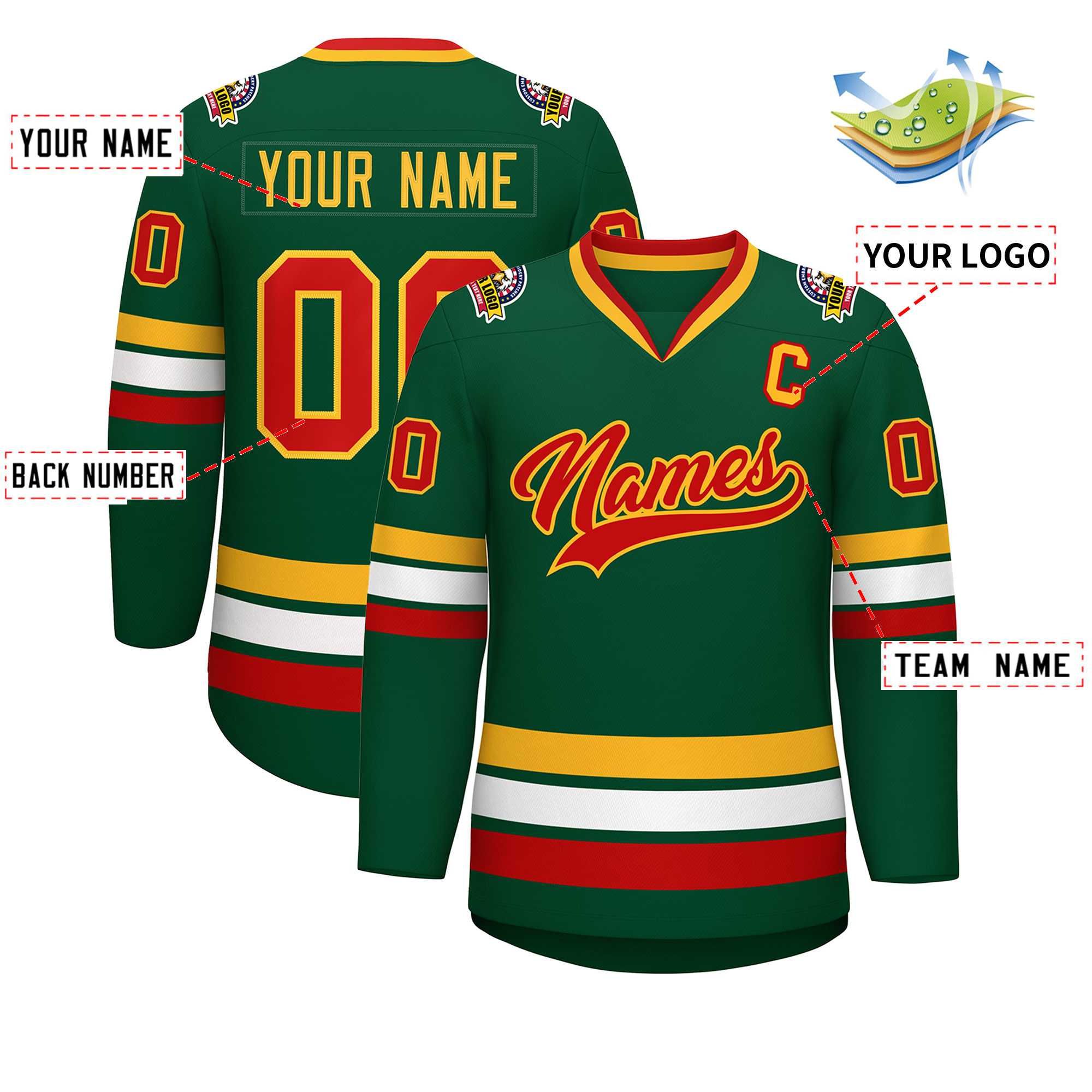 Custom Green Red-Gold Classic Style Hockey Jersey | KXKSHOP