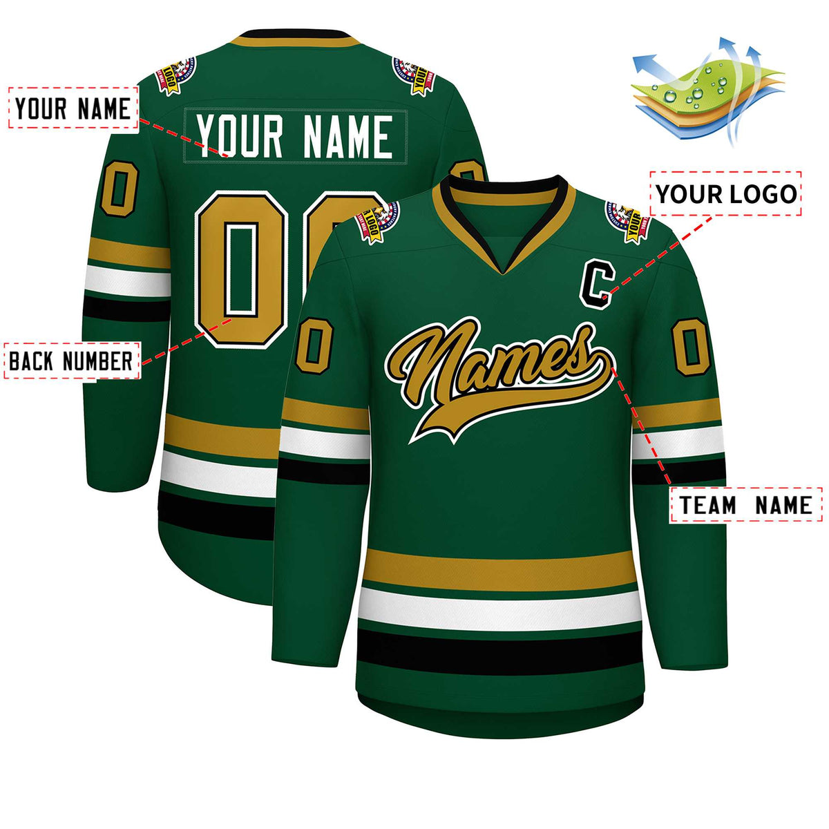Custom Green Old Gold Black-White Classic Style Hockey Jersey | KXKSHOP