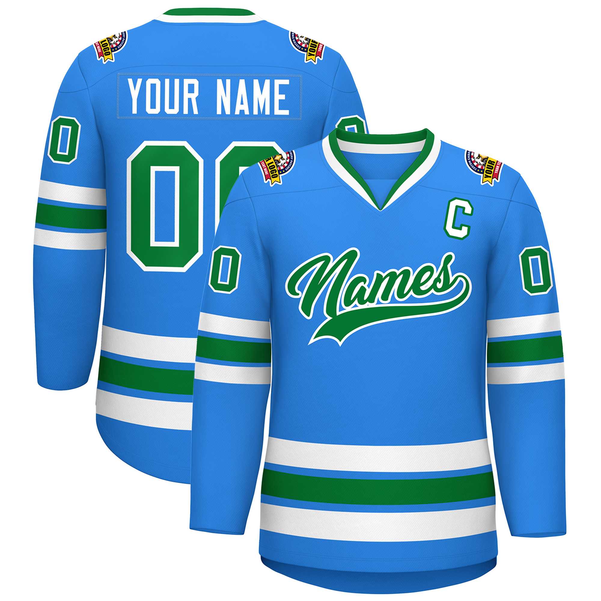 Custom Powder Blue Kelly Green-White Classic Style Hockey Jersey | KXKSHOP