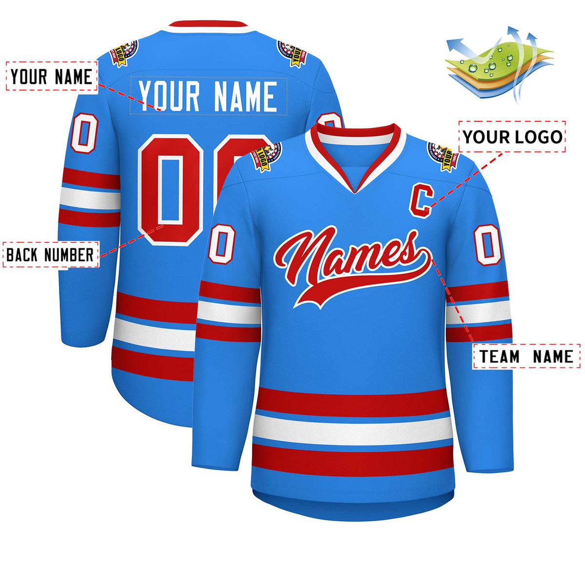 Custom Powder Blue Red-White Classic Style Hockey Jersey | KXKSHOP