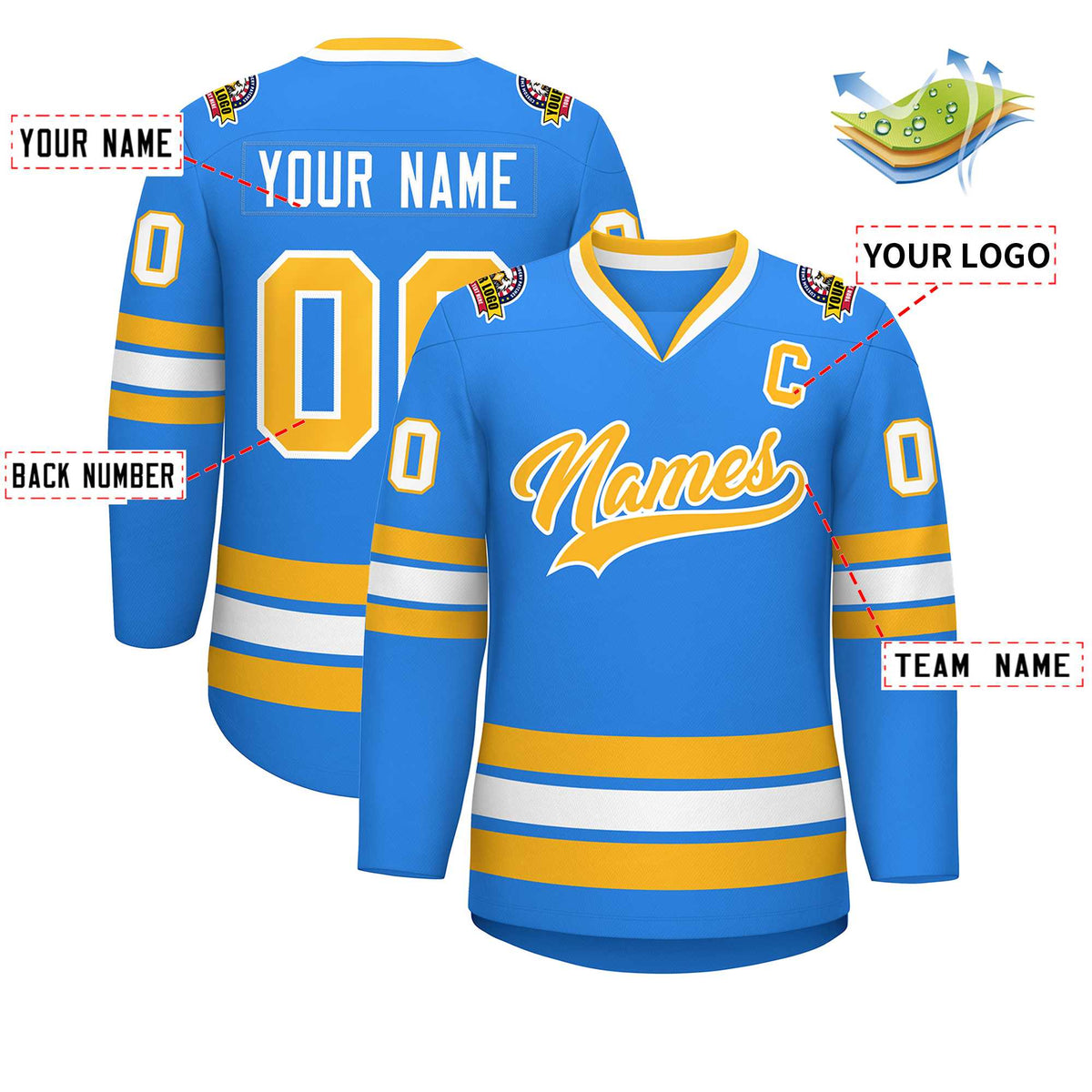 Custom Powder Blue Gold-White Classic Style Hockey Jersey | KXKSHOP