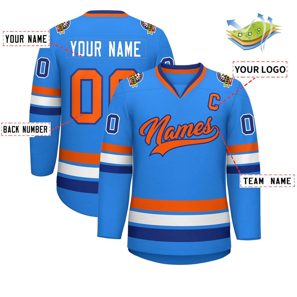 Custom Powder Blue Orange-Royal Classic Style Hockey Jersey | KXKSHOP
