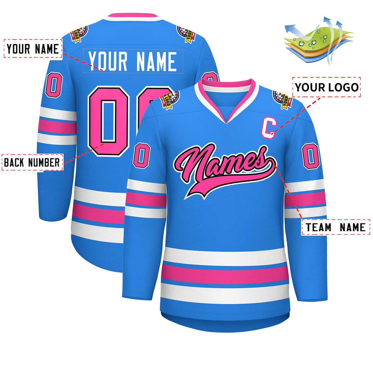 Custom Powder Blue Pink Black-White Classic Style Hockey Jersey | KXKSHOP