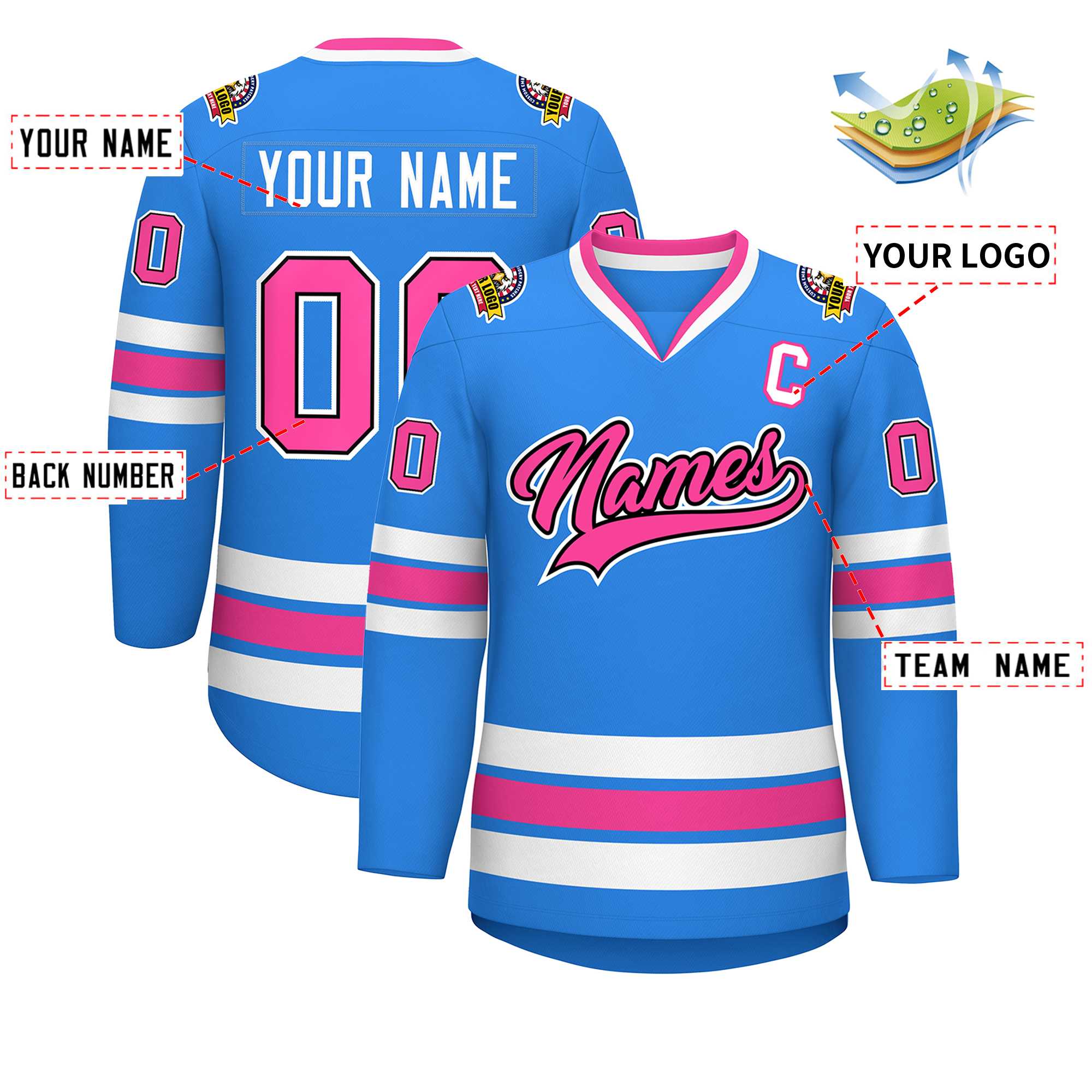 Custom Powder Blue Pink Black-White Classic Style Hockey Jersey | KXKSHOP
