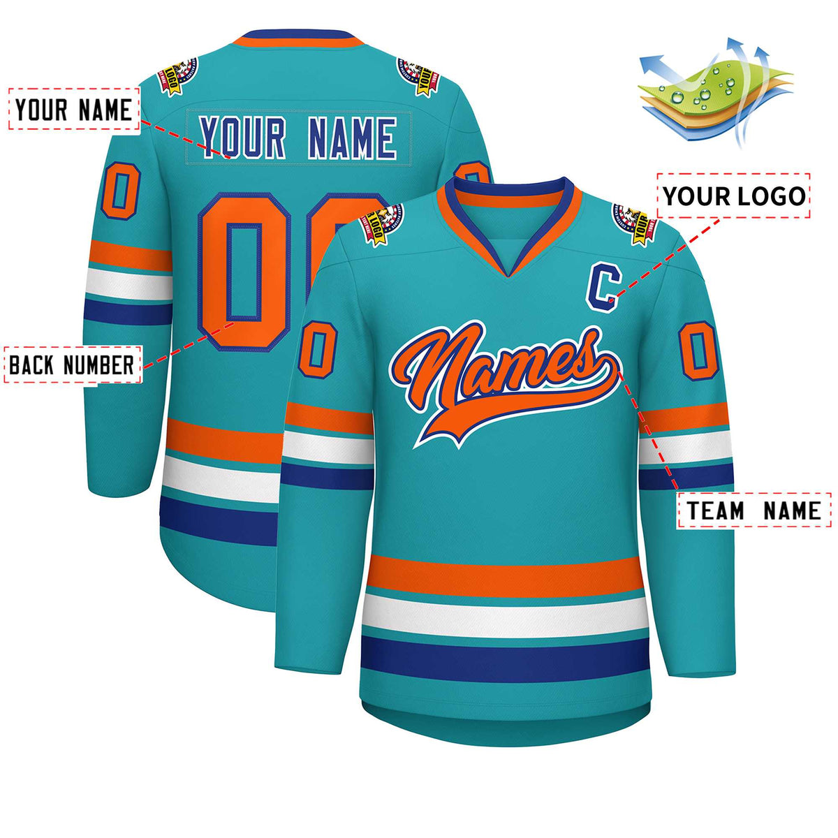 Custom Aqua Orange Royal-White Classic Style Hockey Jersey | KXKSHOP
