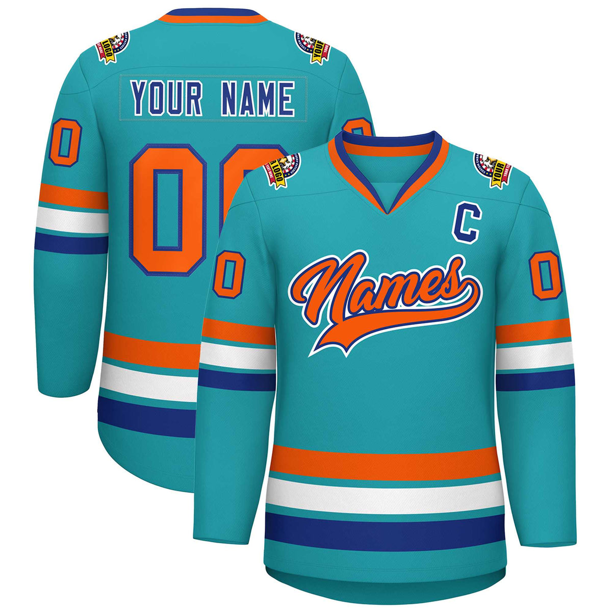 Custom Aqua Orange Royal-White Classic Style Hockey Jersey | KXKSHOP