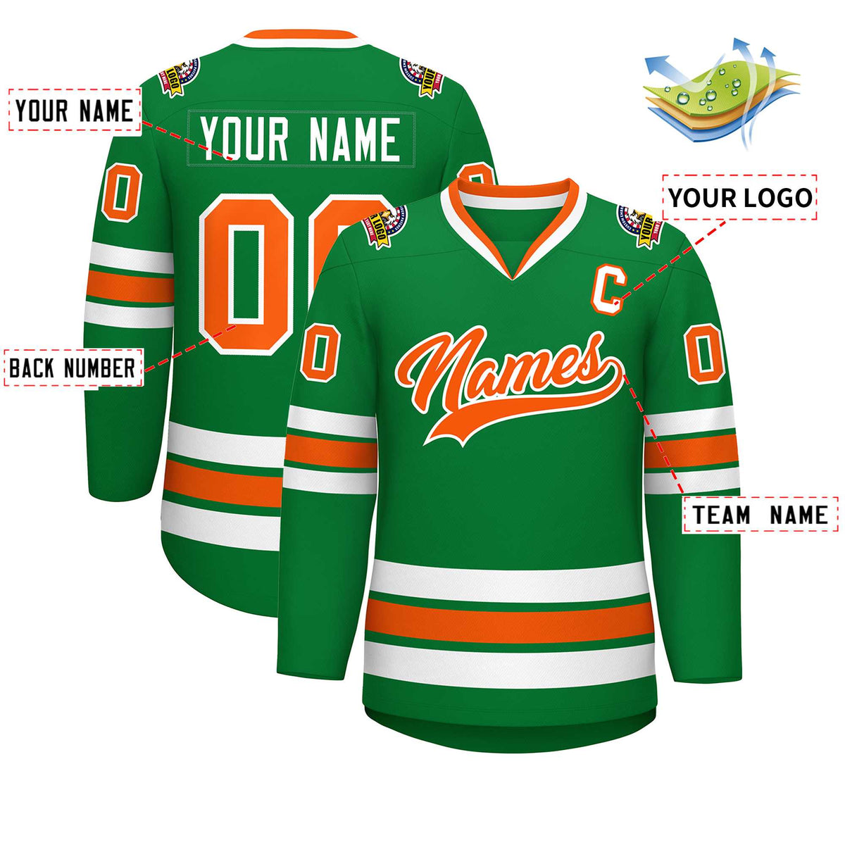 Custom Kelly Green Orange-White Classic Style Hockey Jersey | KXKSHOP