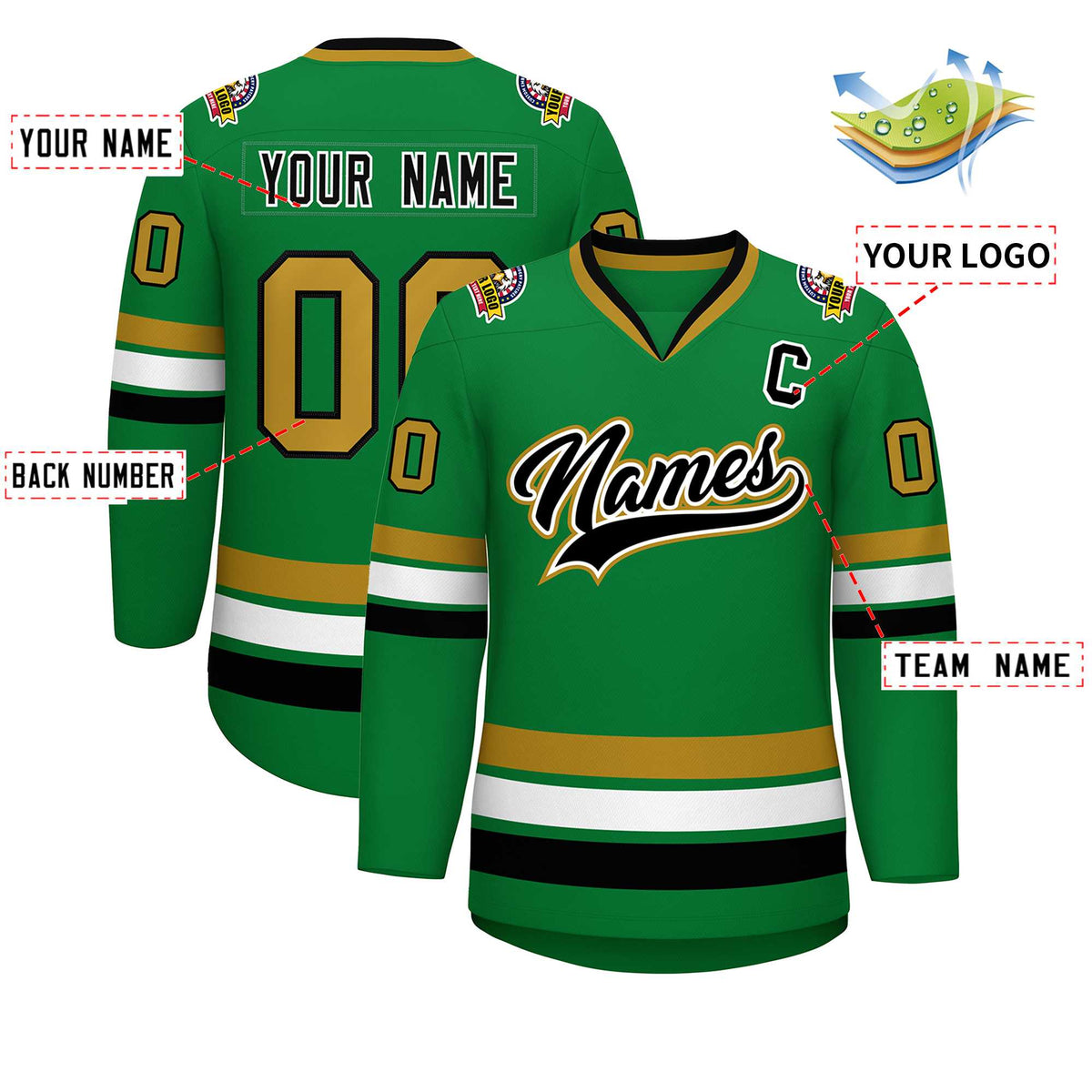 Custom Kelly Green Black White-Old Gold Classic Style Hockey Jersey | KXKSHOP