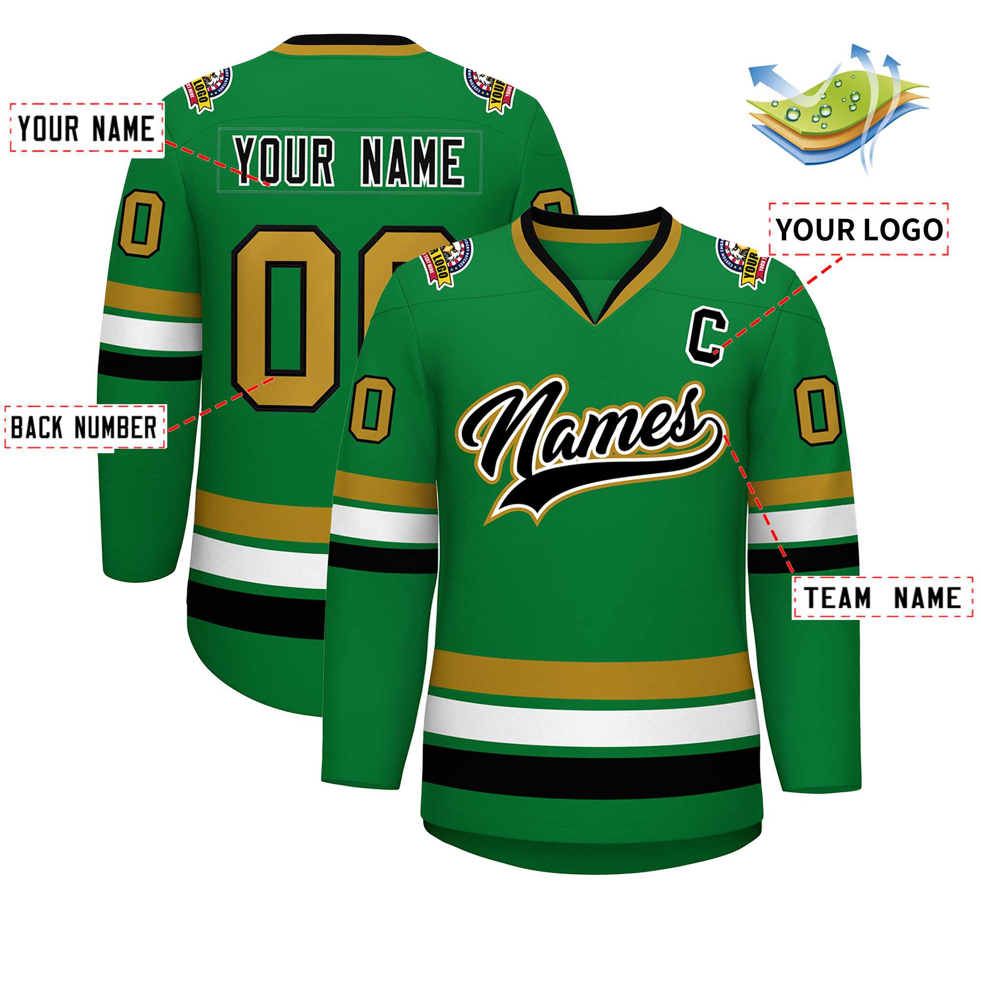 Custom Kelly Green Black White-Old Gold Classic Style Hockey Jersey | KXKSHOP
